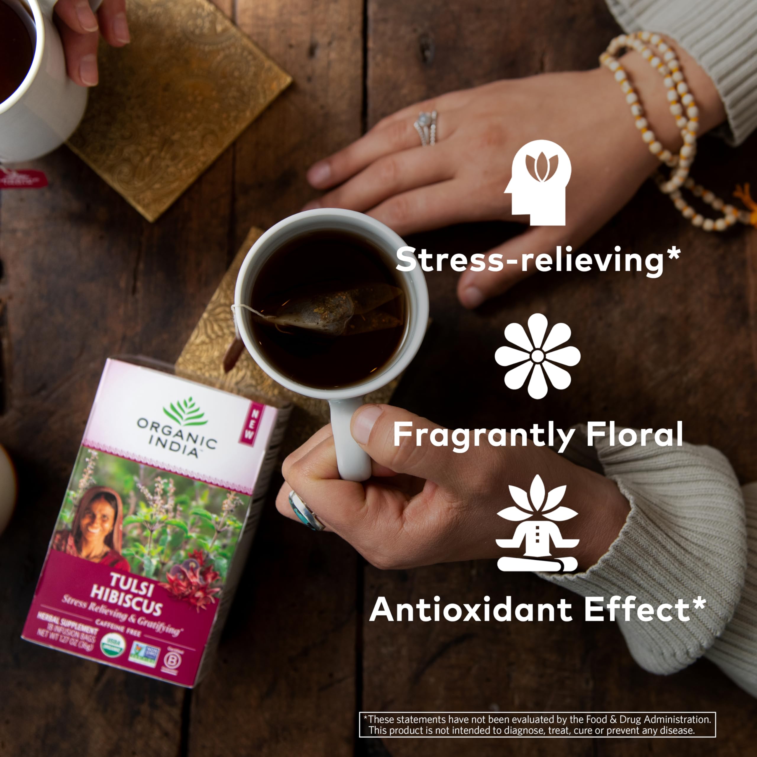 Side view of ORGANIC INDIA Tulsi Hibiscus Tea packaging