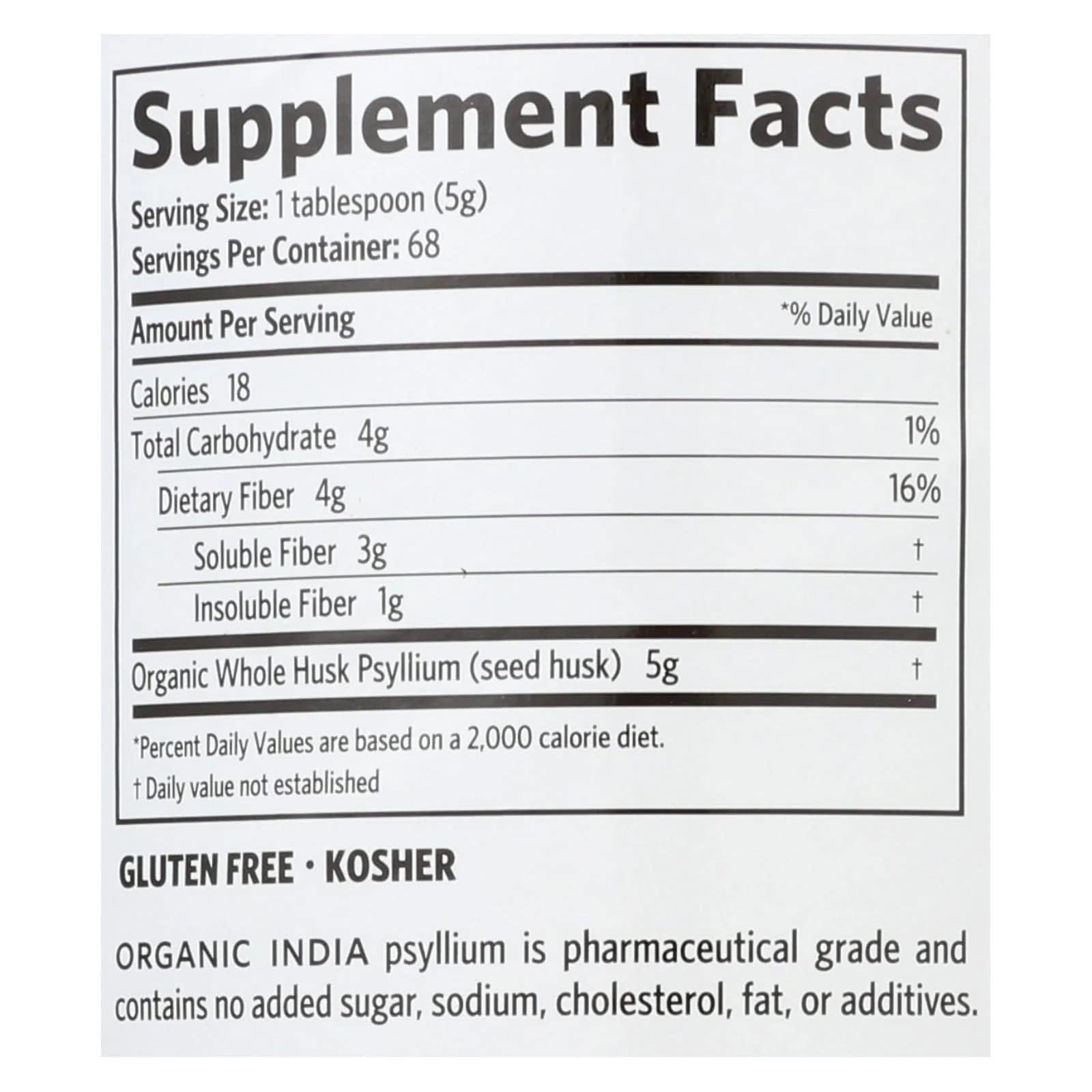 Side view of ORGANIC INDIA Whole Husk Psyllium 12 Oz showing label details
