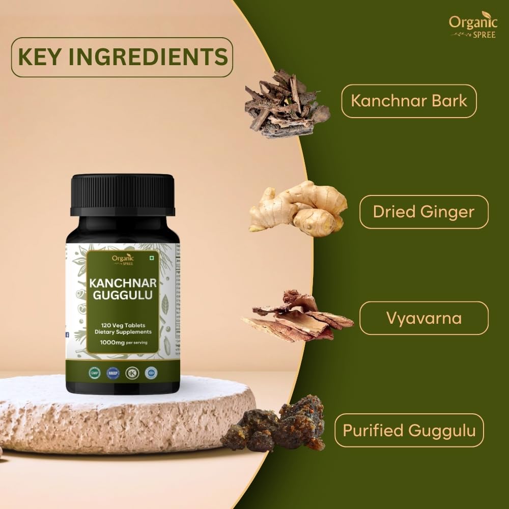 Side view of ORGANIC SPREE Kanchnar Guggulu Tablets showing ingredients