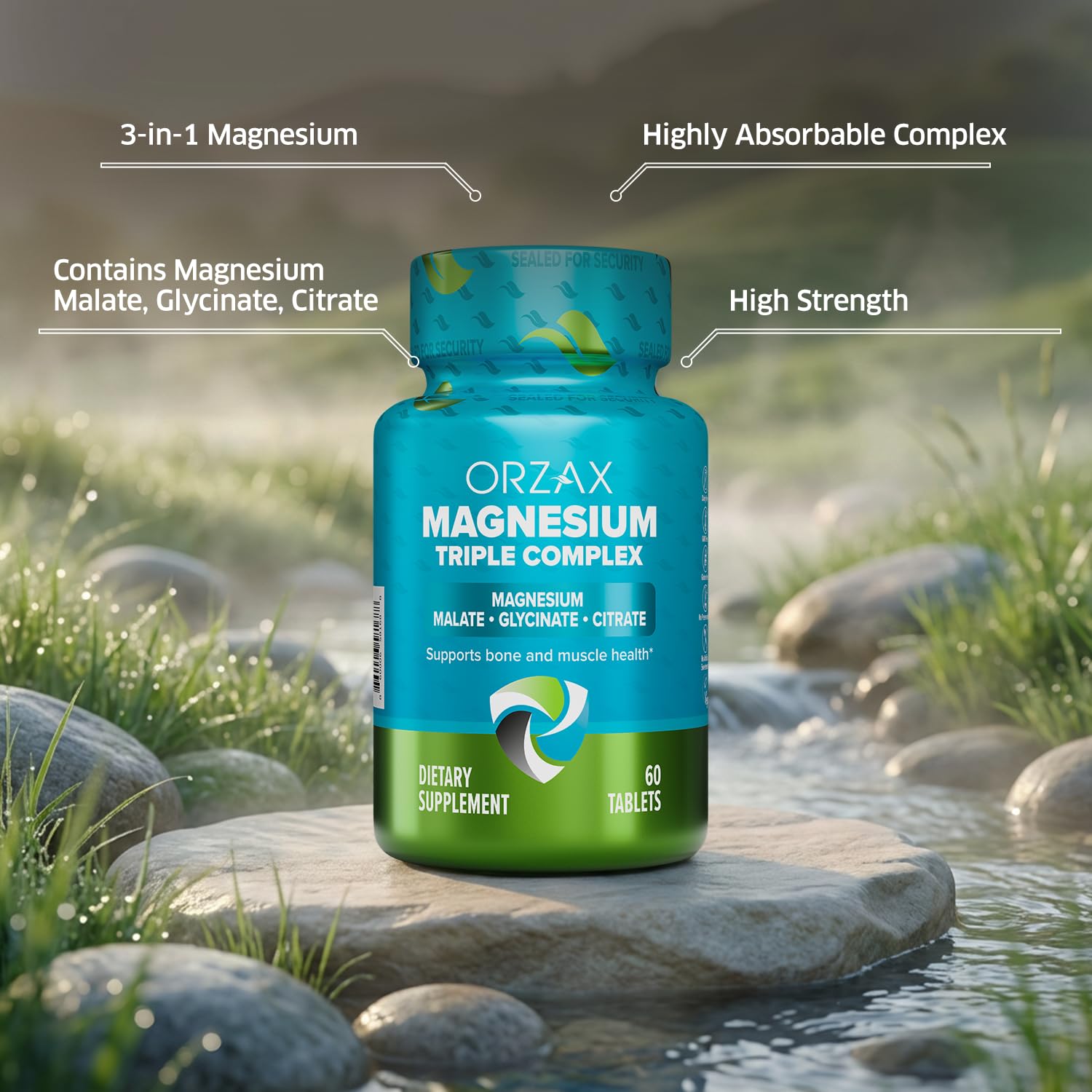 Side view of ORZAX Magnesium Triple Complex supplement bottle