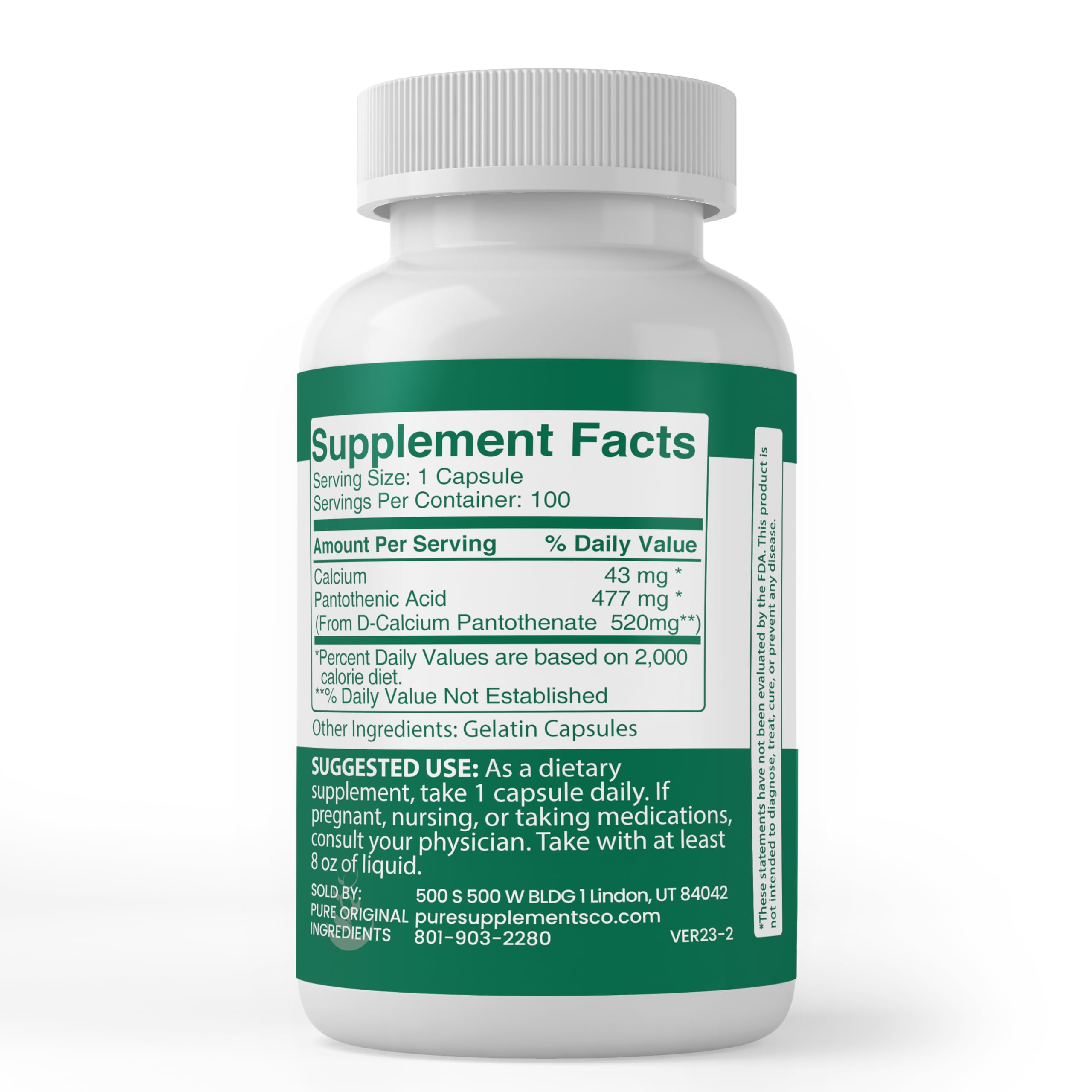 Side view of Pantothenic Acid Capsules bottle
