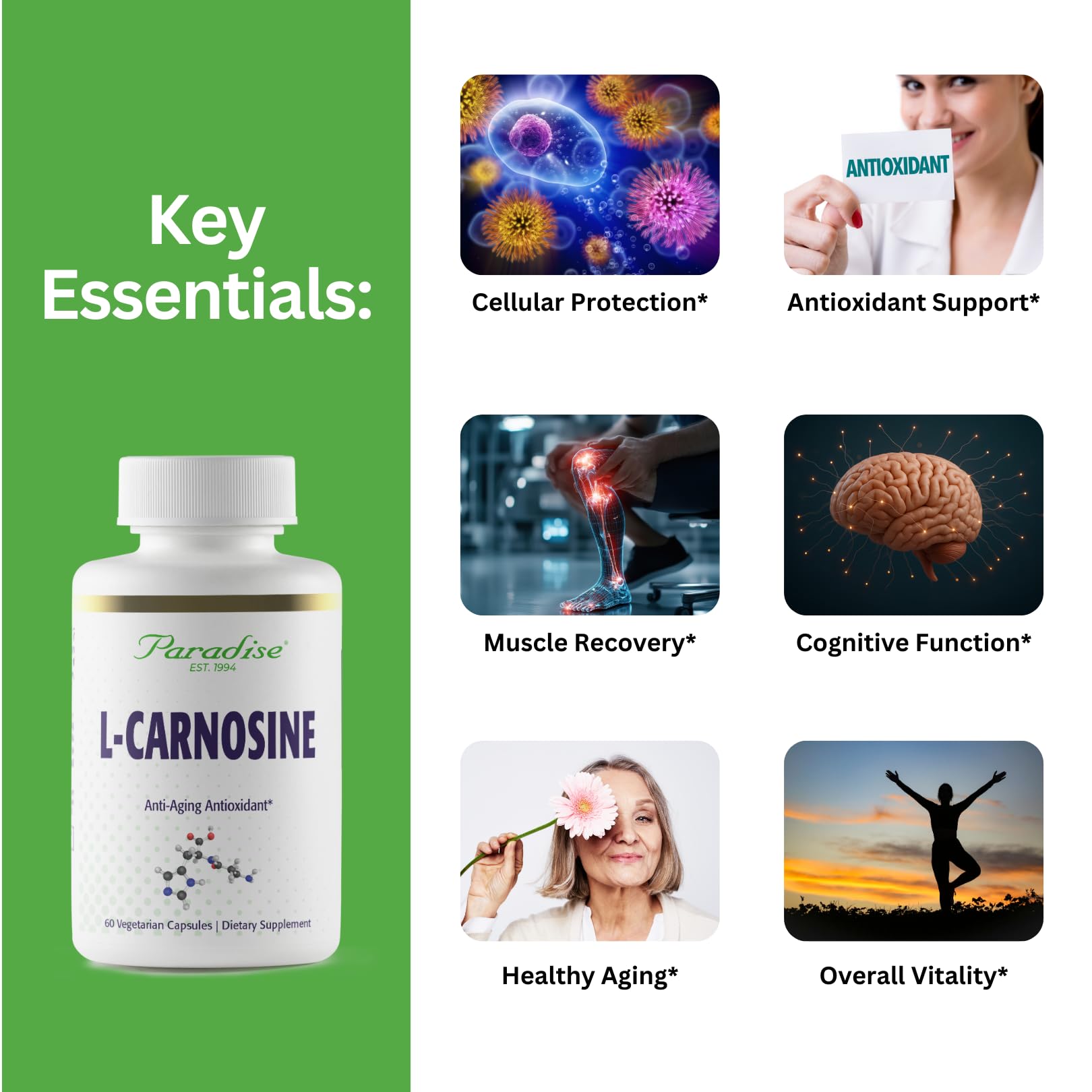 Side view of Paradise Herbs L-Carnosine Capsules bottle