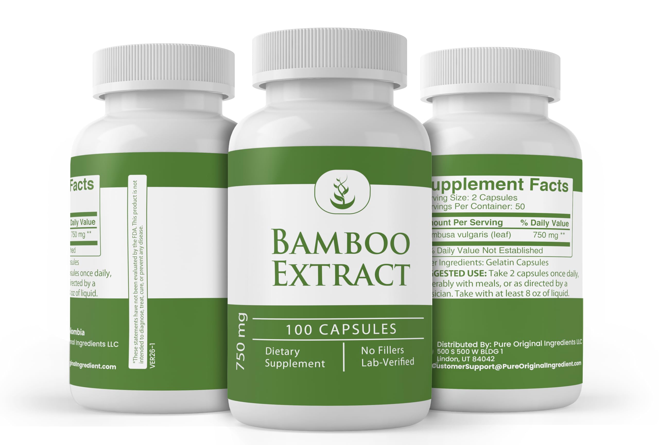 Side view of PURE Bamboo Extract Capsules showing ingredient list