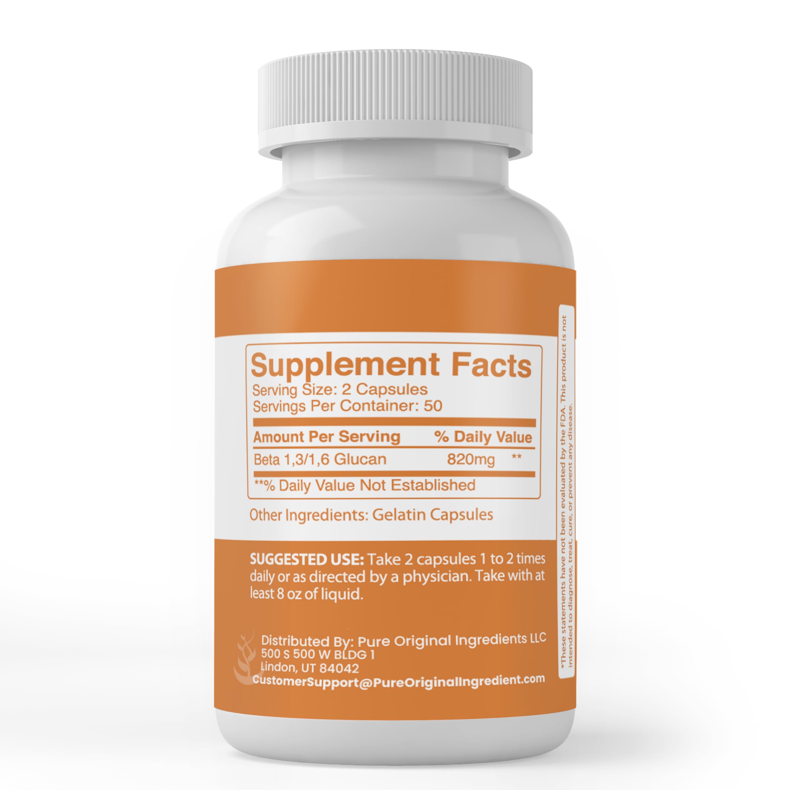 Side view of PURE Beta Glucan 1,3/1,6 Capsules showing label details