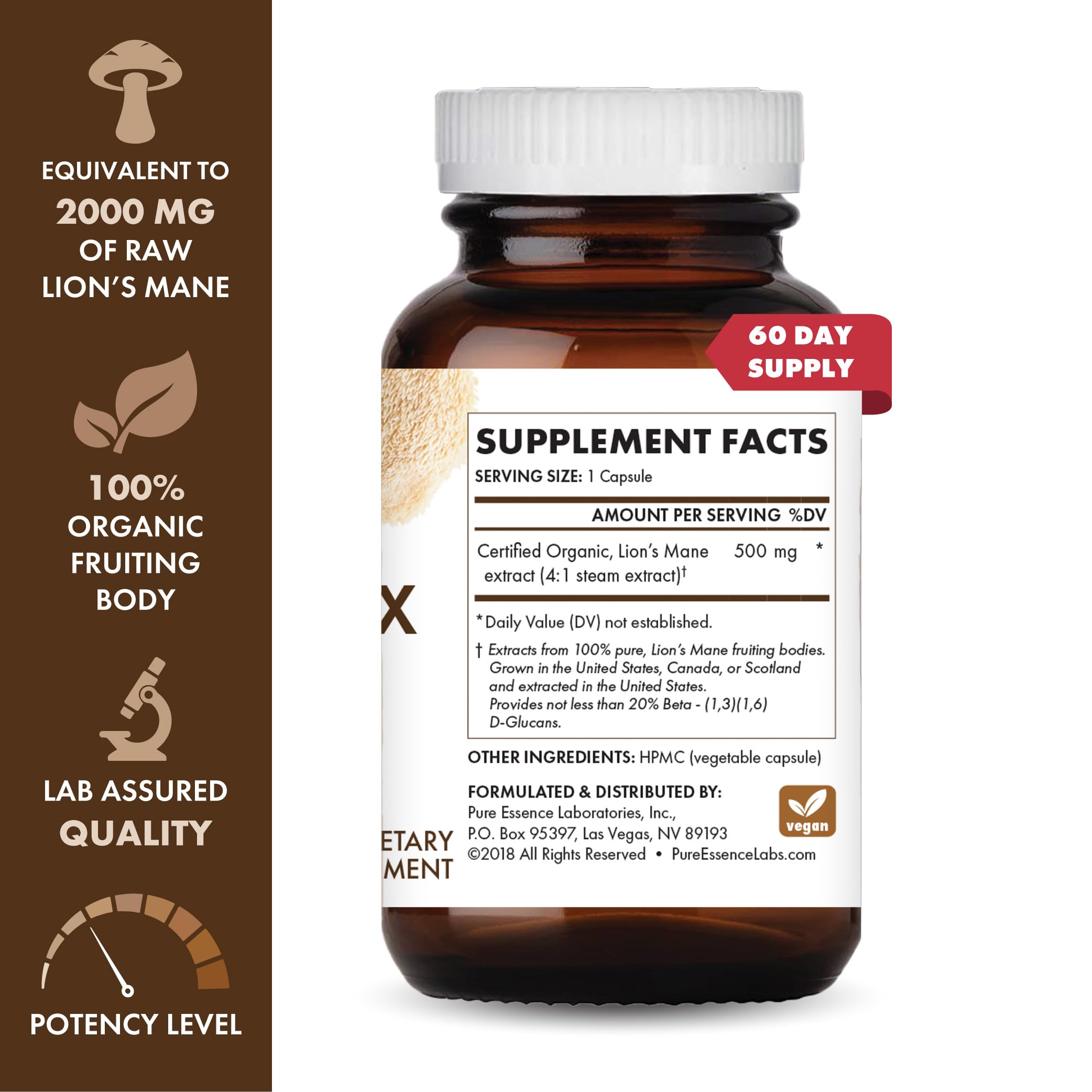 Side view of PURE ESSENCE LABS Lion's Mane Mushroom Extract showing label