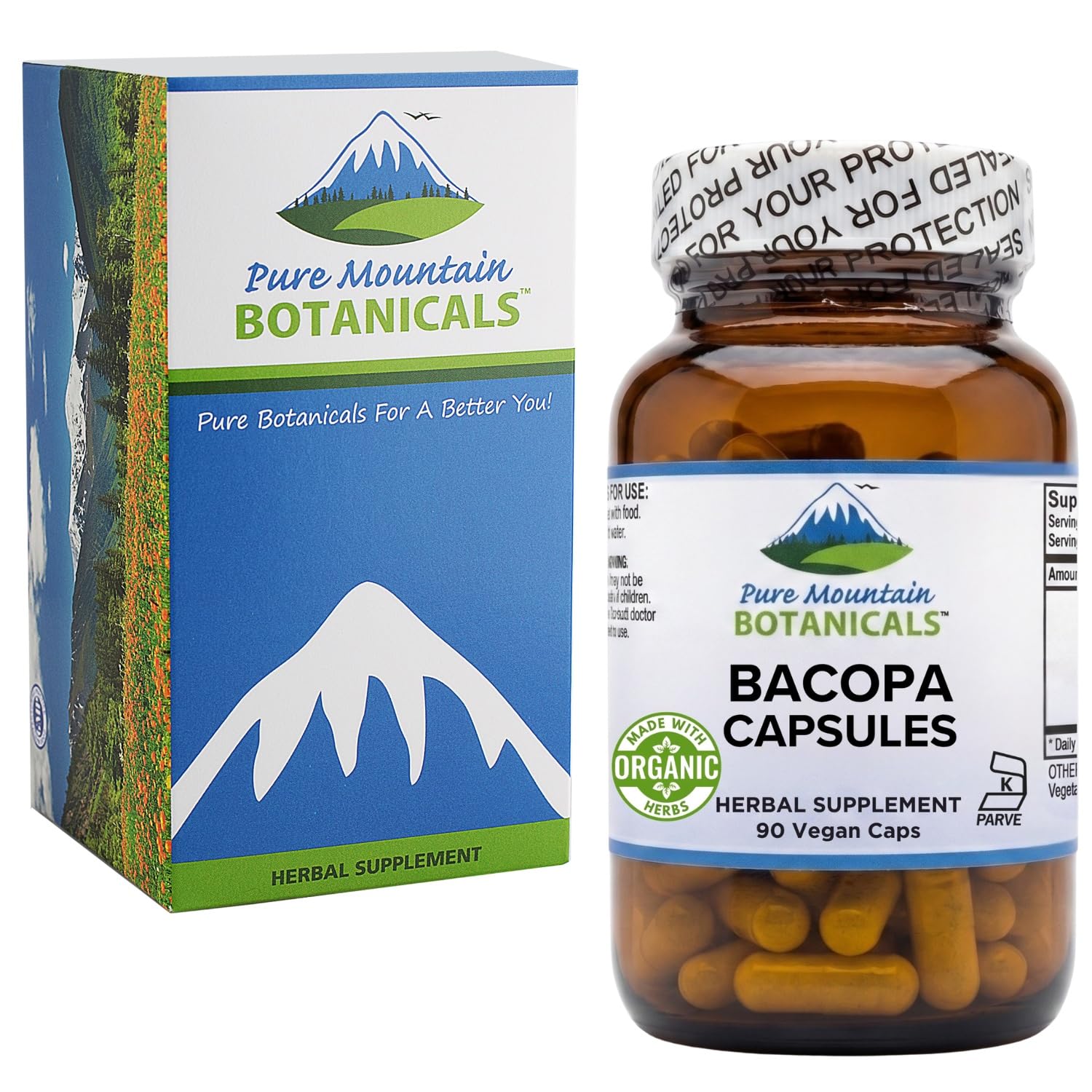 Side view of Pure Mountain Botanicals Bacopa Monnieri capsules