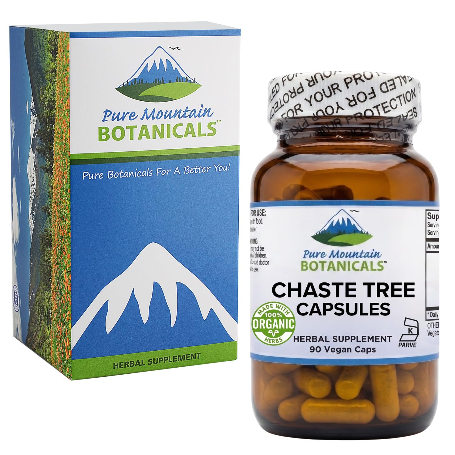 Side view of Pure Mountain Botanicals Chaste Tree Berry Capsules bottle