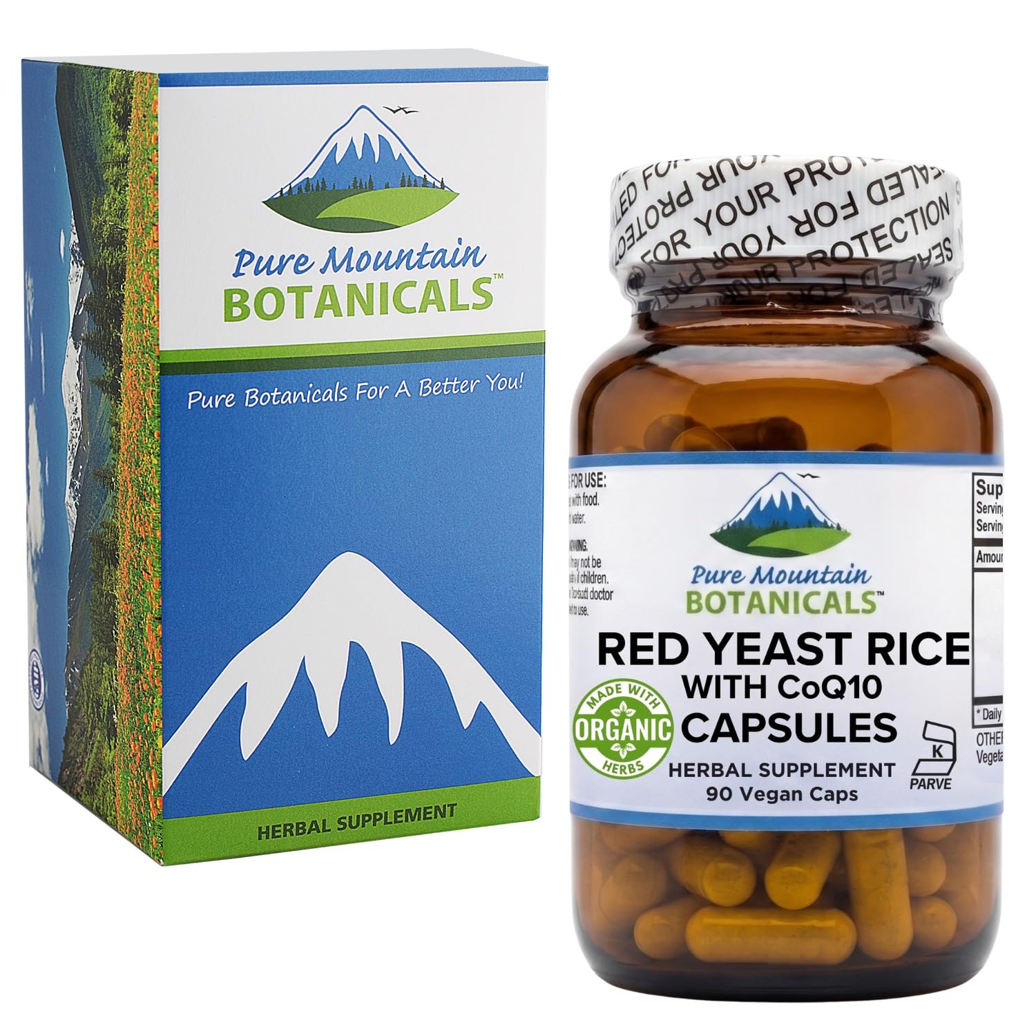 Side view of Pure Mountain Botanicals Red Yeast Rice 600mg capsules