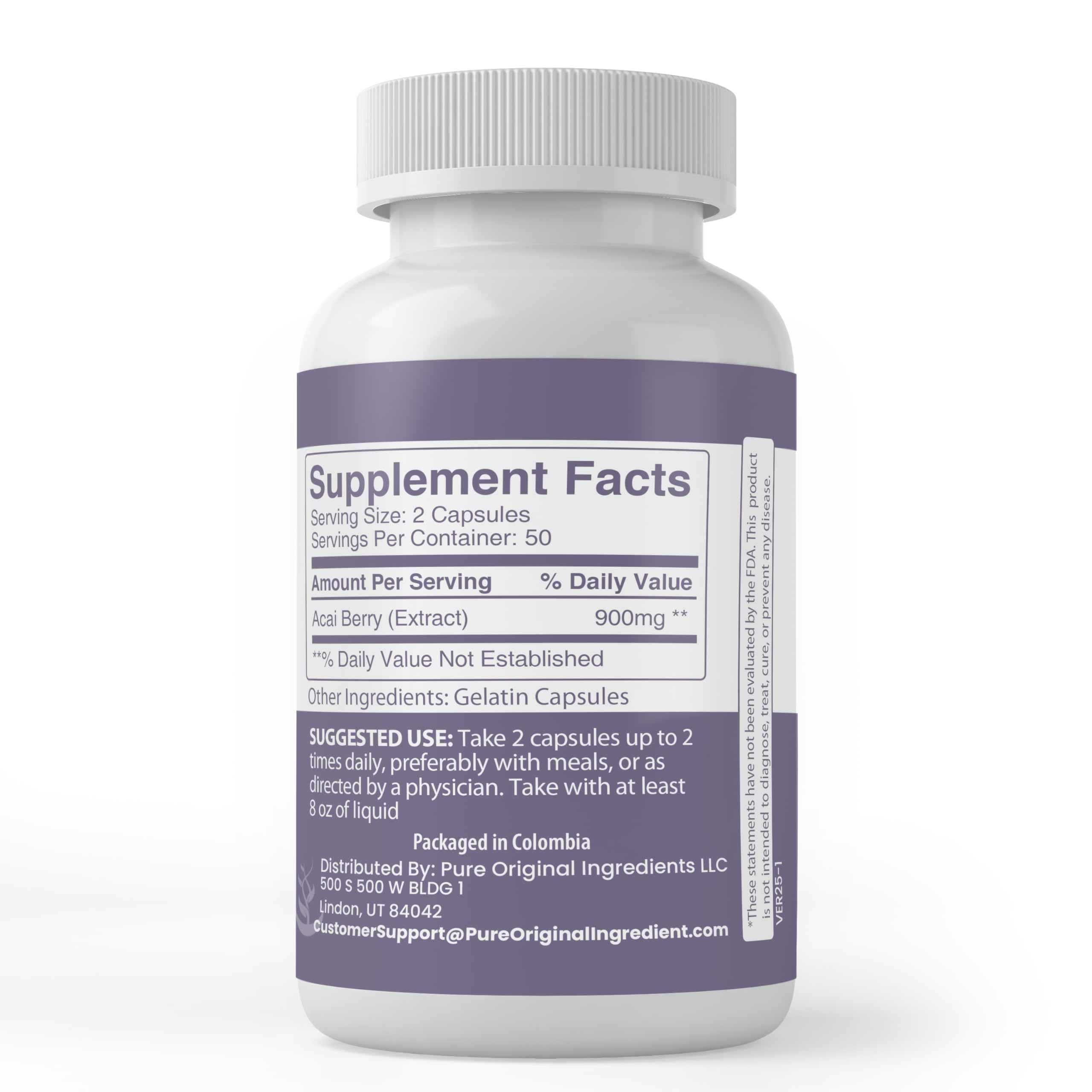 Side view of PURE ORIGINAL INGREDIENTS Acai Berry extract capsules