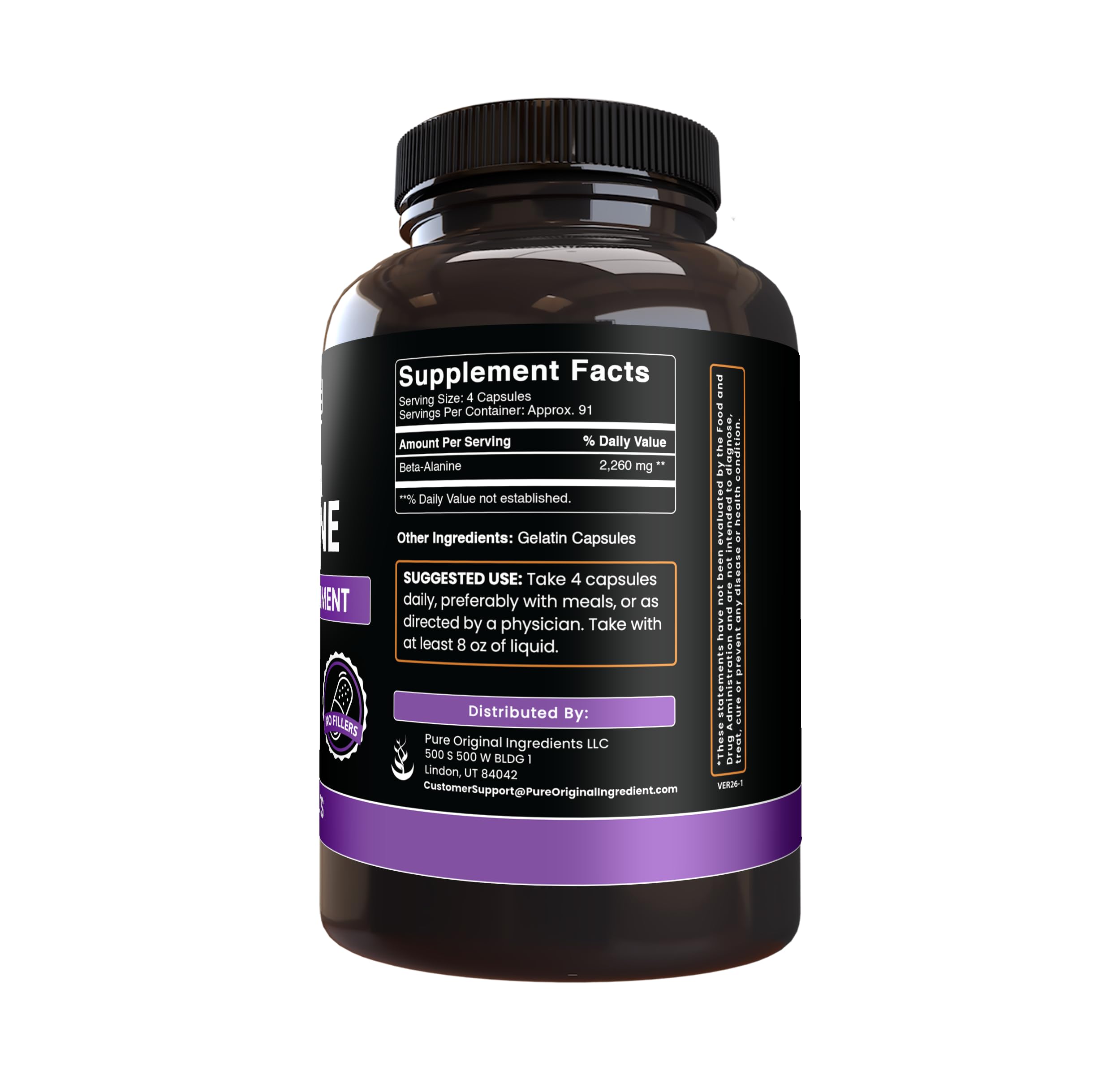Side view of PURE ORIGINAL INGREDIENTS Beta Alanine Capsules bottle