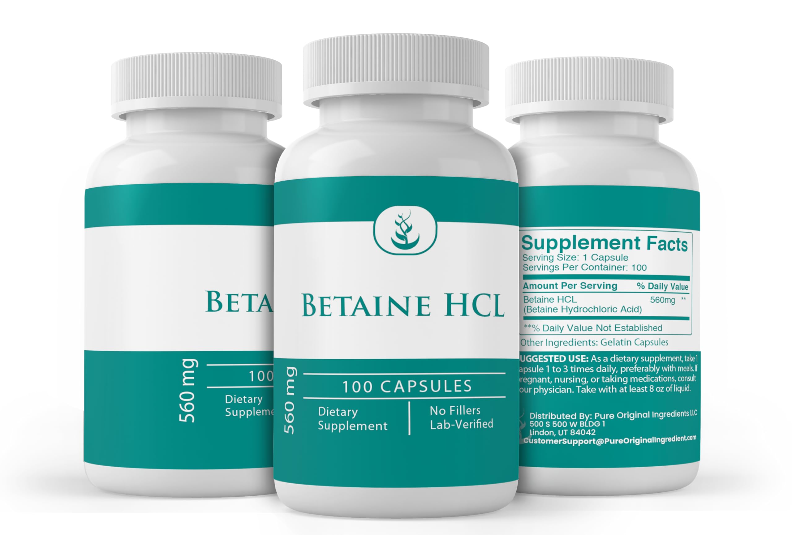 Side view of PURE ORIGINAL INGREDIENTS Betaine HCl Capsules packaging