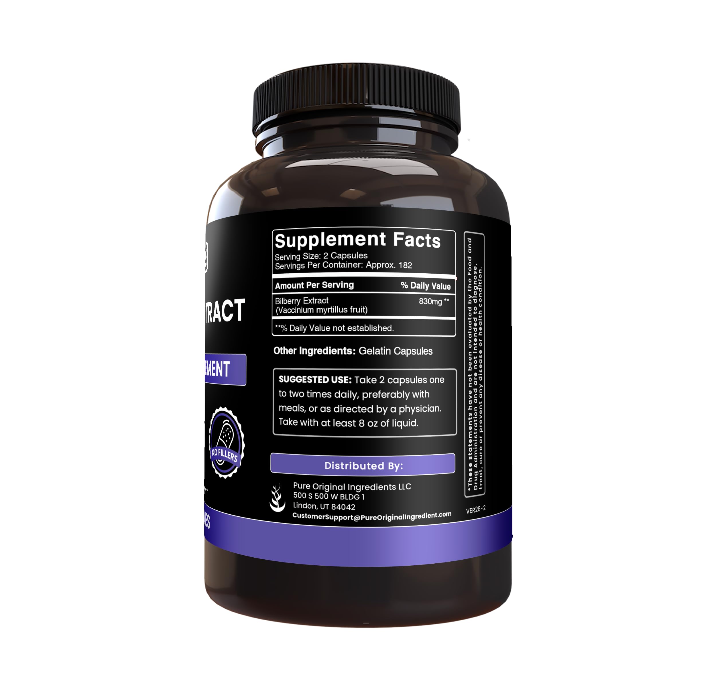 Side view of PURE ORIGINAL INGREDIENTS Bilberry Extract Capsules bottle