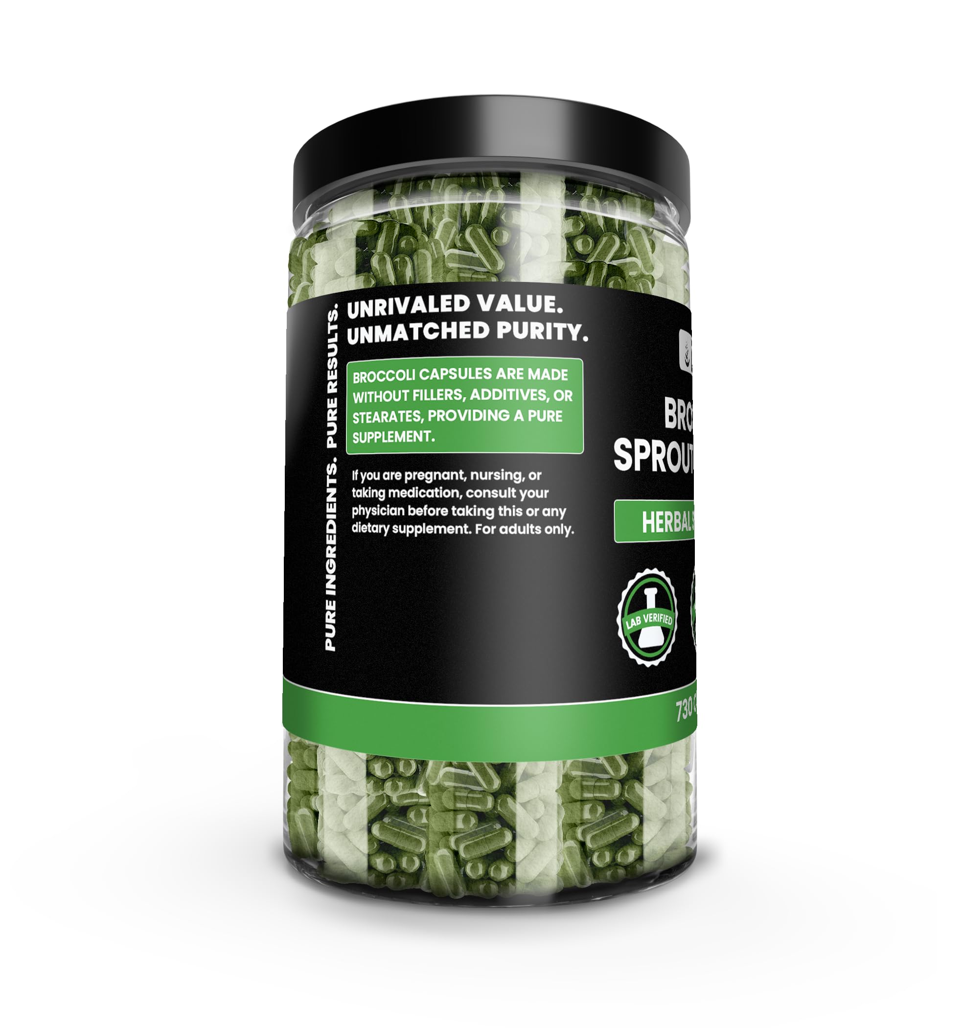 Side view of PURE ORIGINAL INGREDIENTS Broccoli Extract Capsules bottle