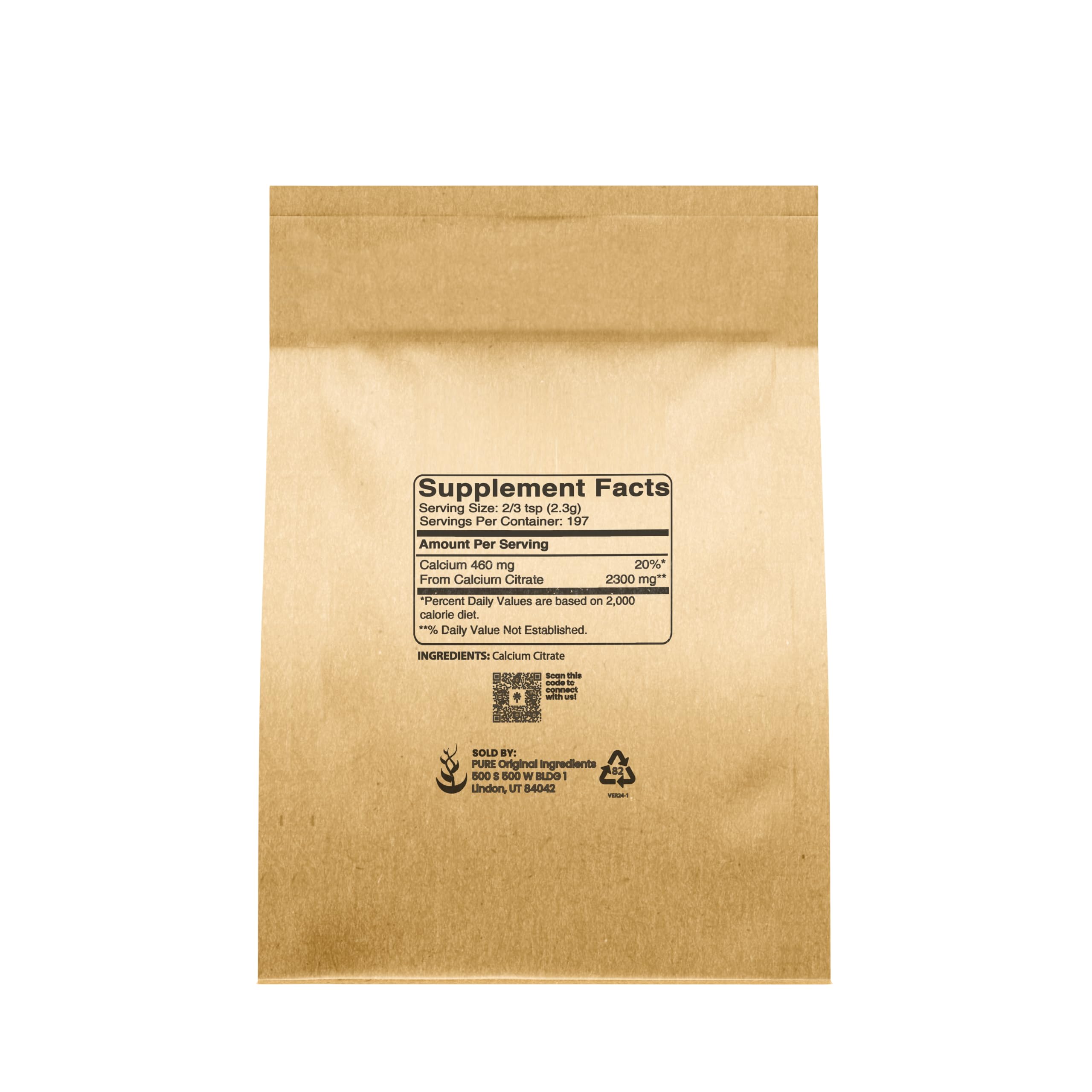 Side view of PURE ORIGINAL INGREDIENTS Calcium Citrate Powder packaging