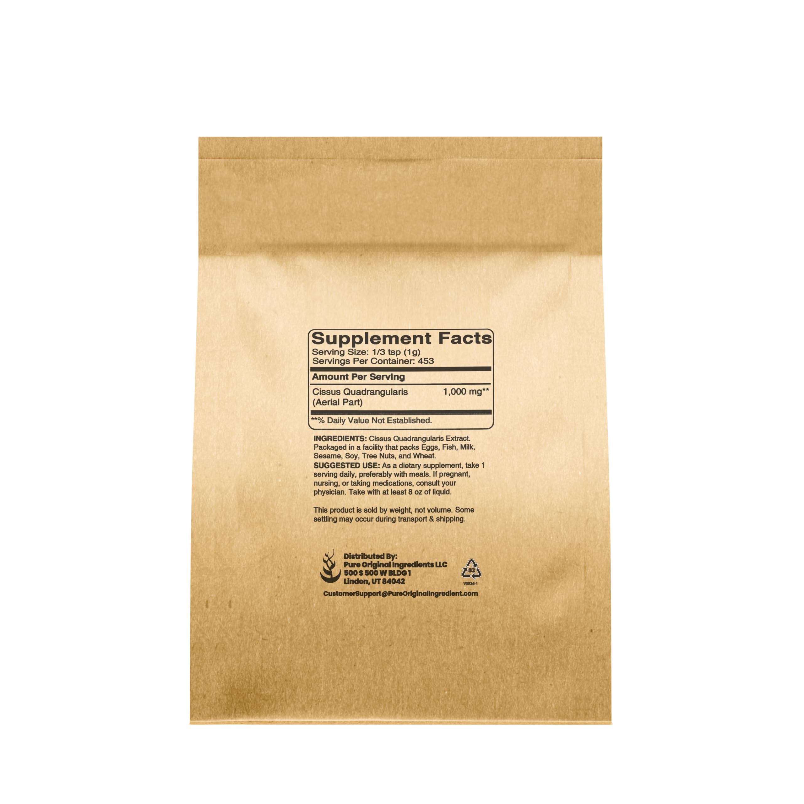 Side view of PURE ORIGINAL INGREDIENTS Cissus Quadrangularis Powder 458g