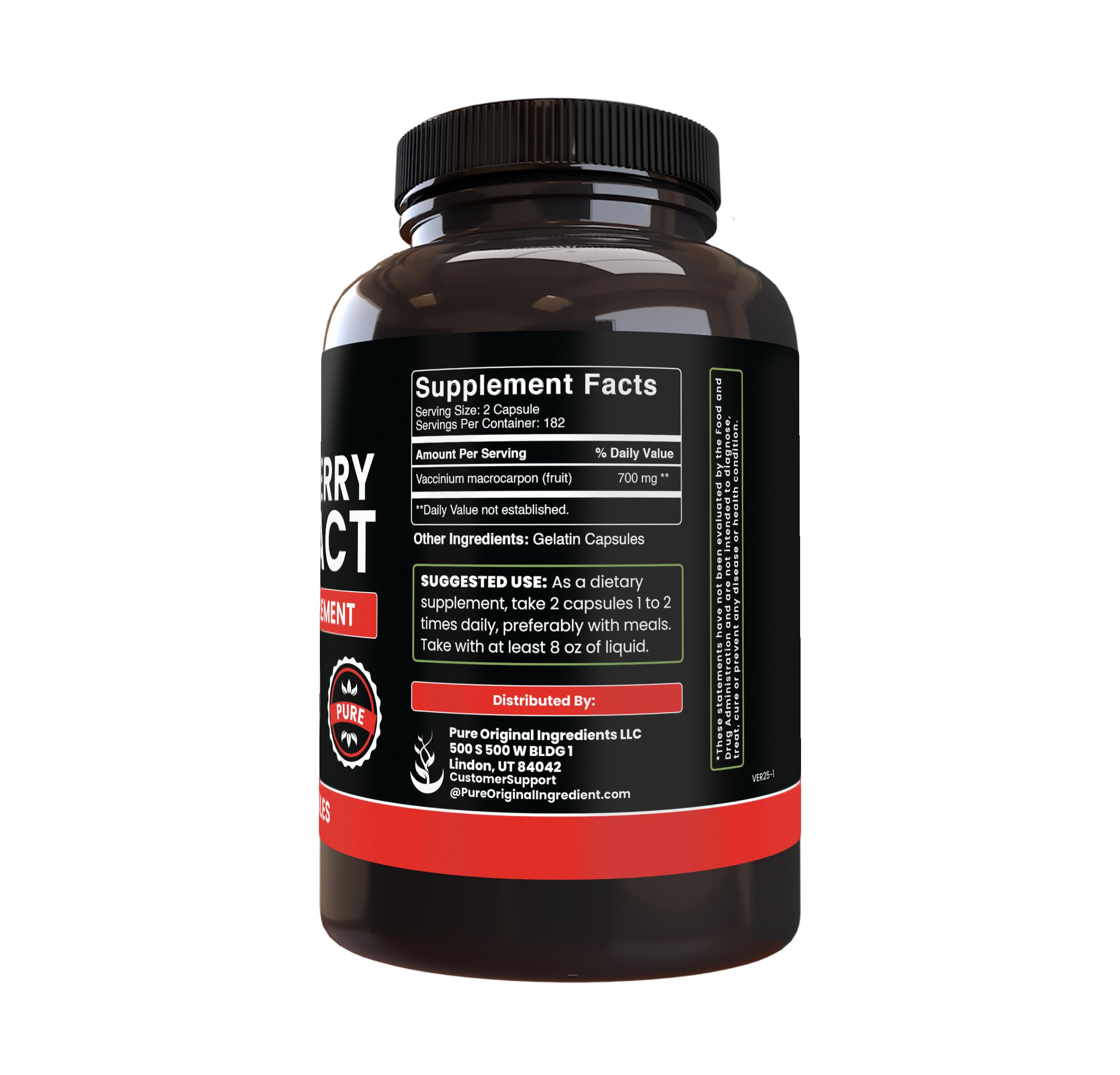 Side view of PURE ORIGINAL INGREDIENTS Cranberry Extract Capsules bottle