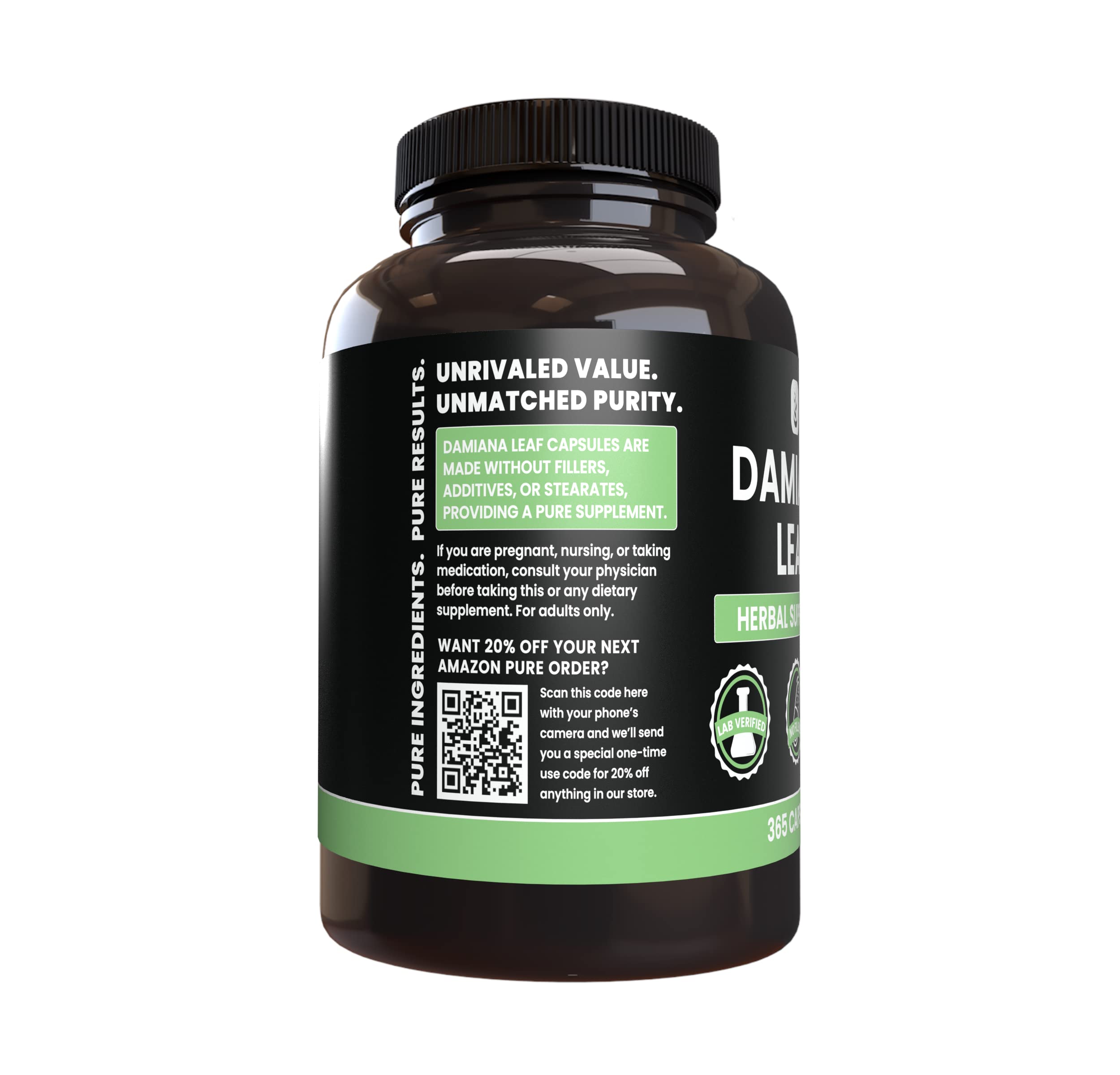 Side view of PURE ORIGINAL INGREDIENTS Damiana Leaf Capsules bottle