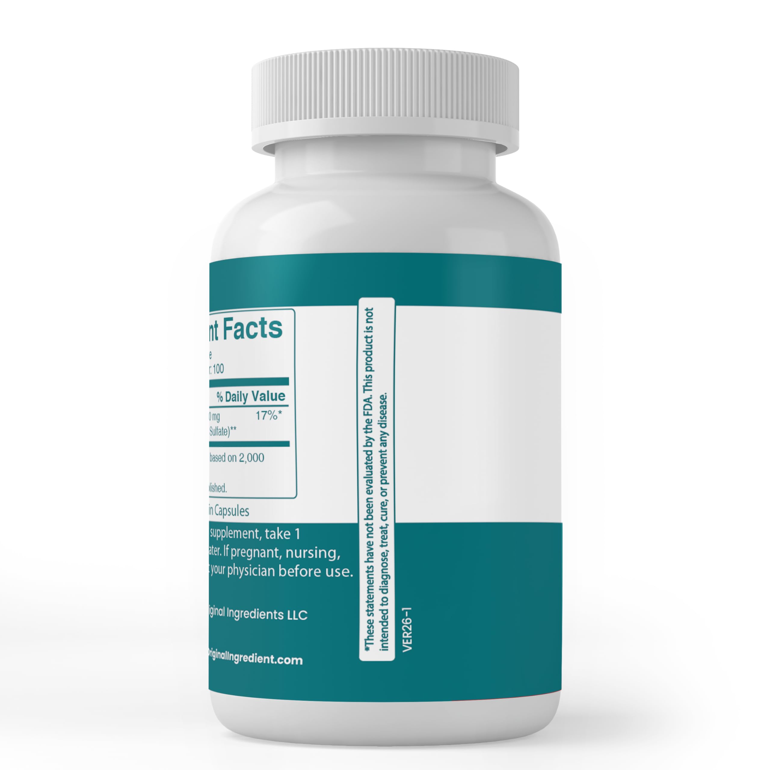 Side view of PURE ORIGINAL INGREDIENTS Epsom Salt Capsules