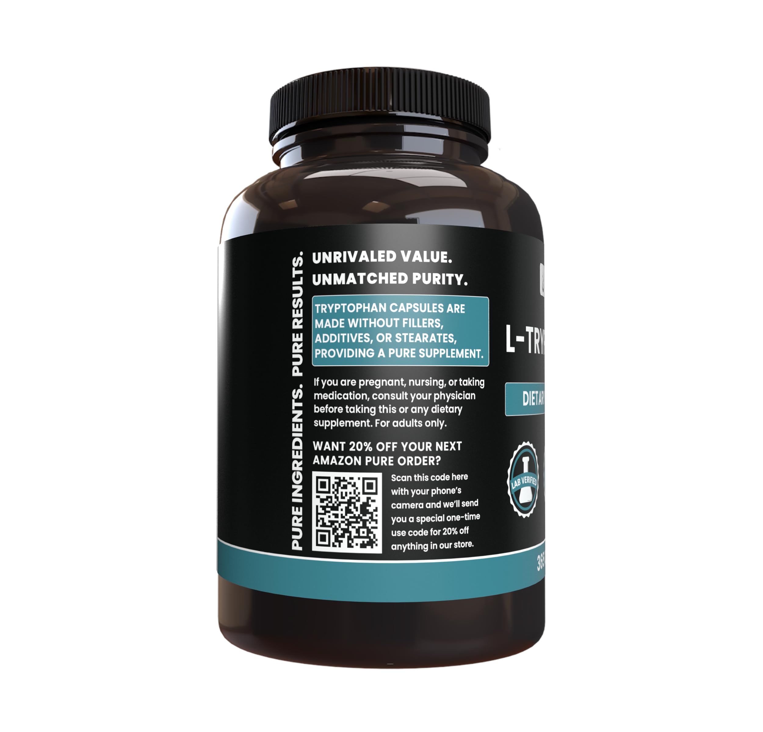 Side view of PURE ORIGINAL INGREDIENTS L-Tryptophan Capsules bottle