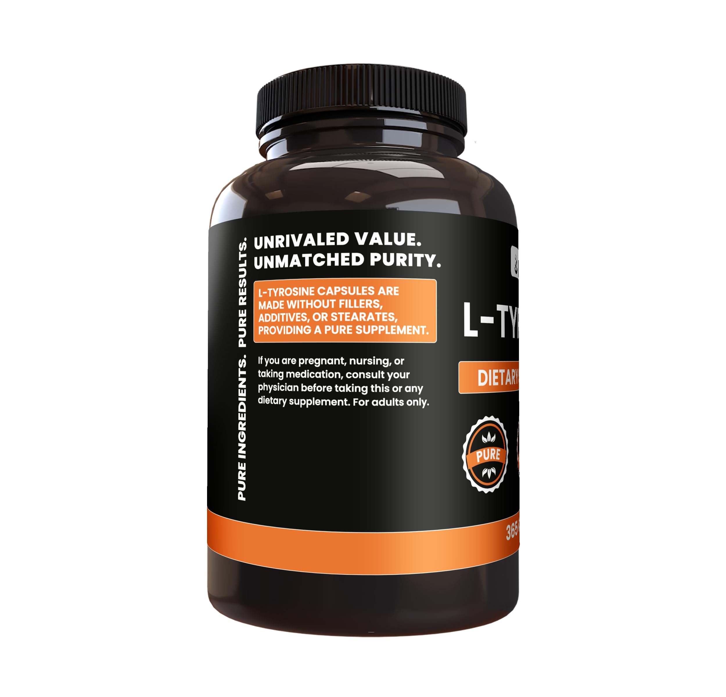 Side view of PURE ORIGINAL INGREDIENTS L-Tyrosine Capsules bottle
