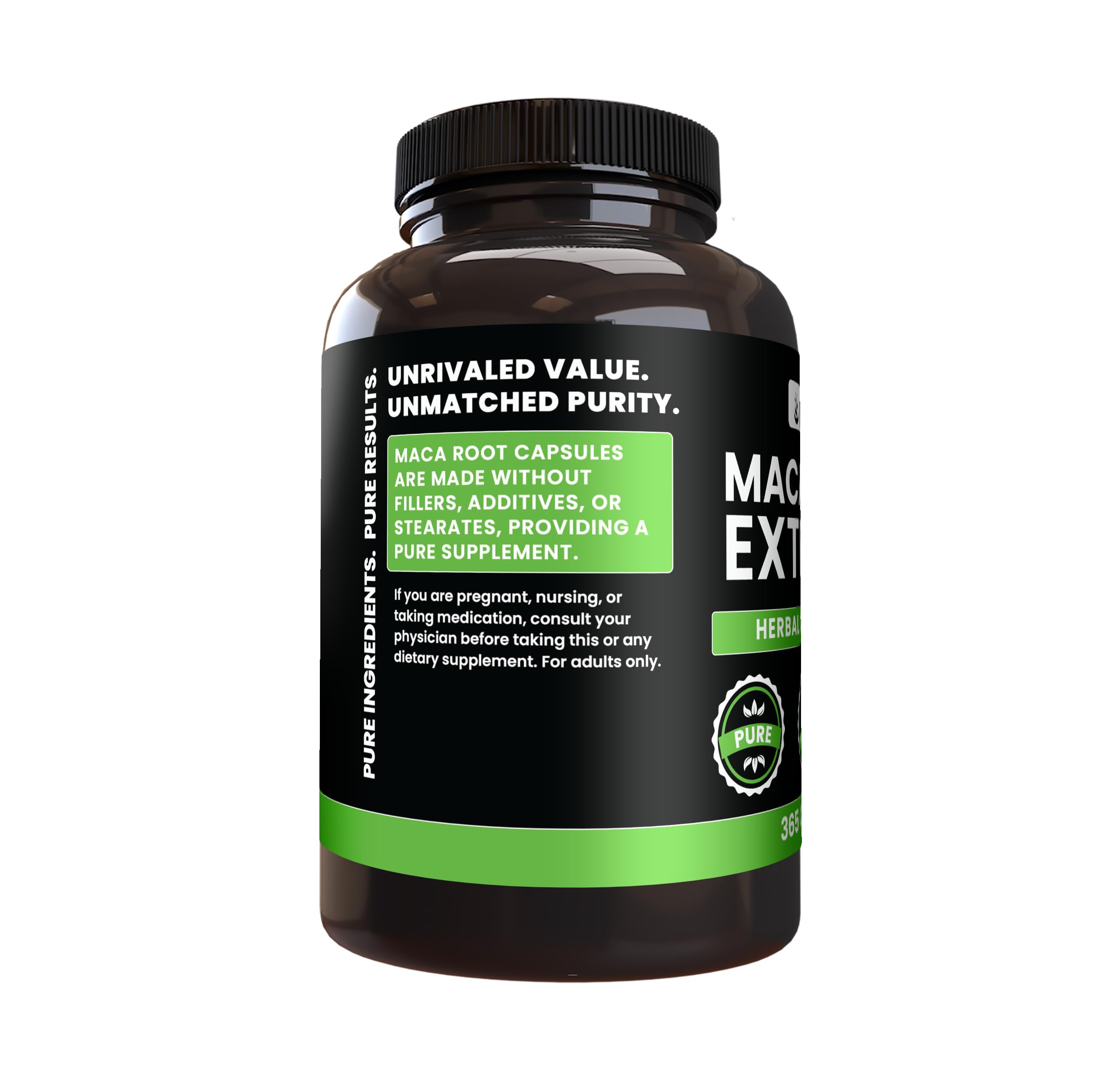 Side view of PURE ORIGINAL INGREDIENTS Maca Root Capsules