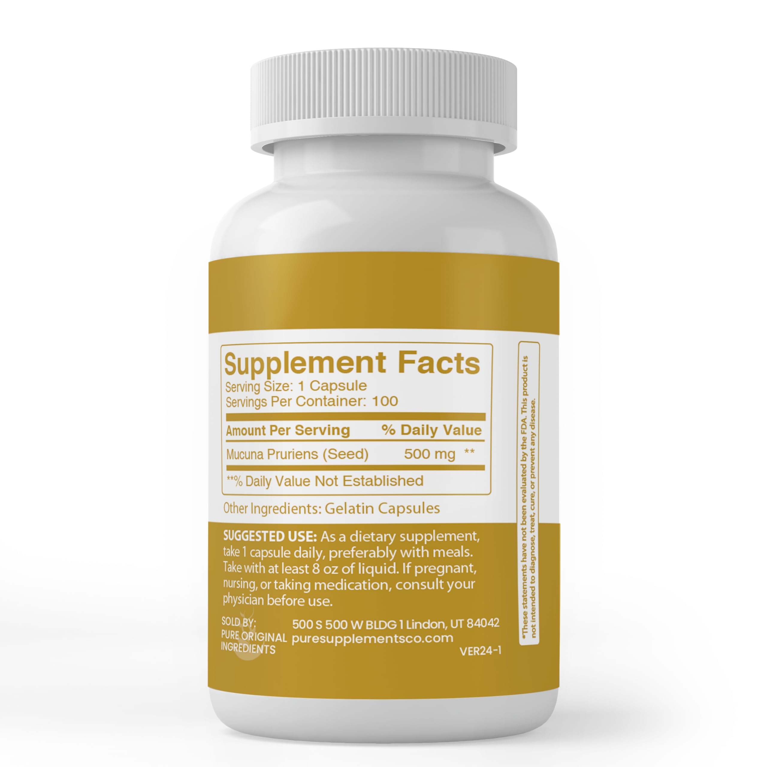 Side view of PURE ORIGINAL INGREDIENTS Mucuna Pruriens Capsules
