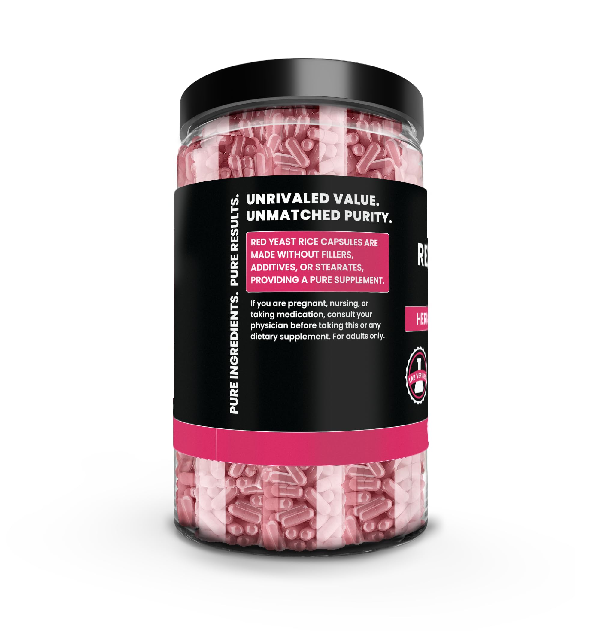 Side view of PURE ORIGINAL INGREDIENTS Red Yeast Rice Capsules with dosage details