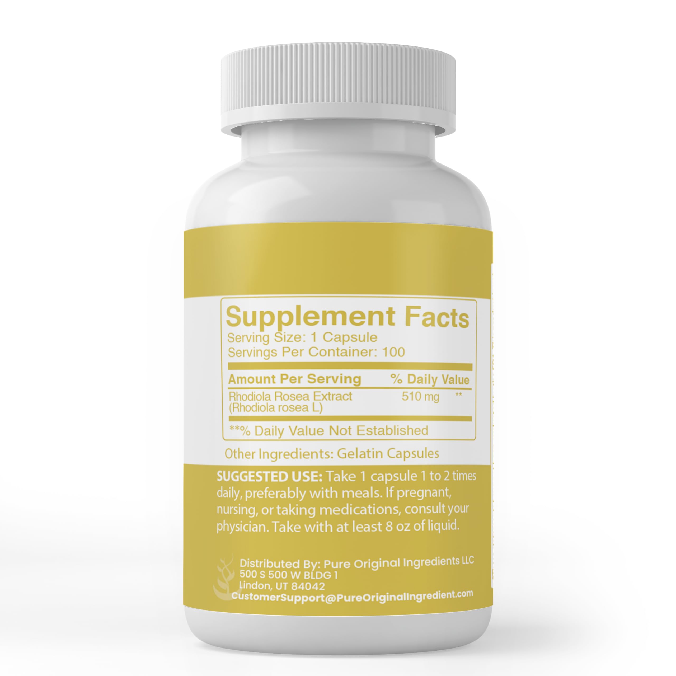 Side view of PURE ORIGINAL INGREDIENTS Rhodiola Rosea Capsules bottle