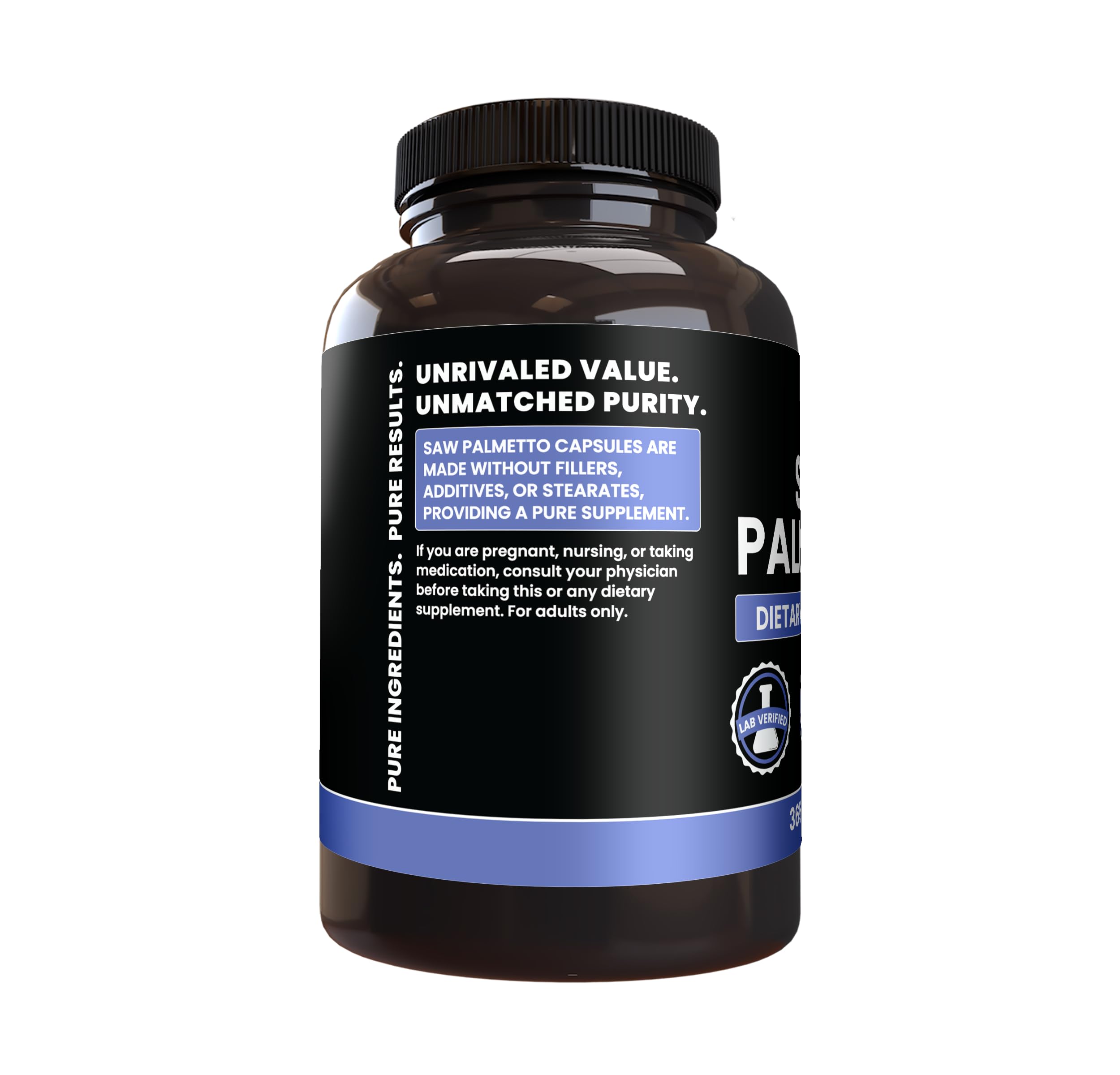 Side view of PURE ORIGINAL INGREDIENTS Saw Palmetto Capsules packaging