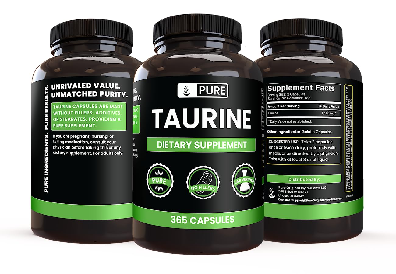 Side view of PURE ORIGINAL INGREDIENTS Taurine Capsules bottle