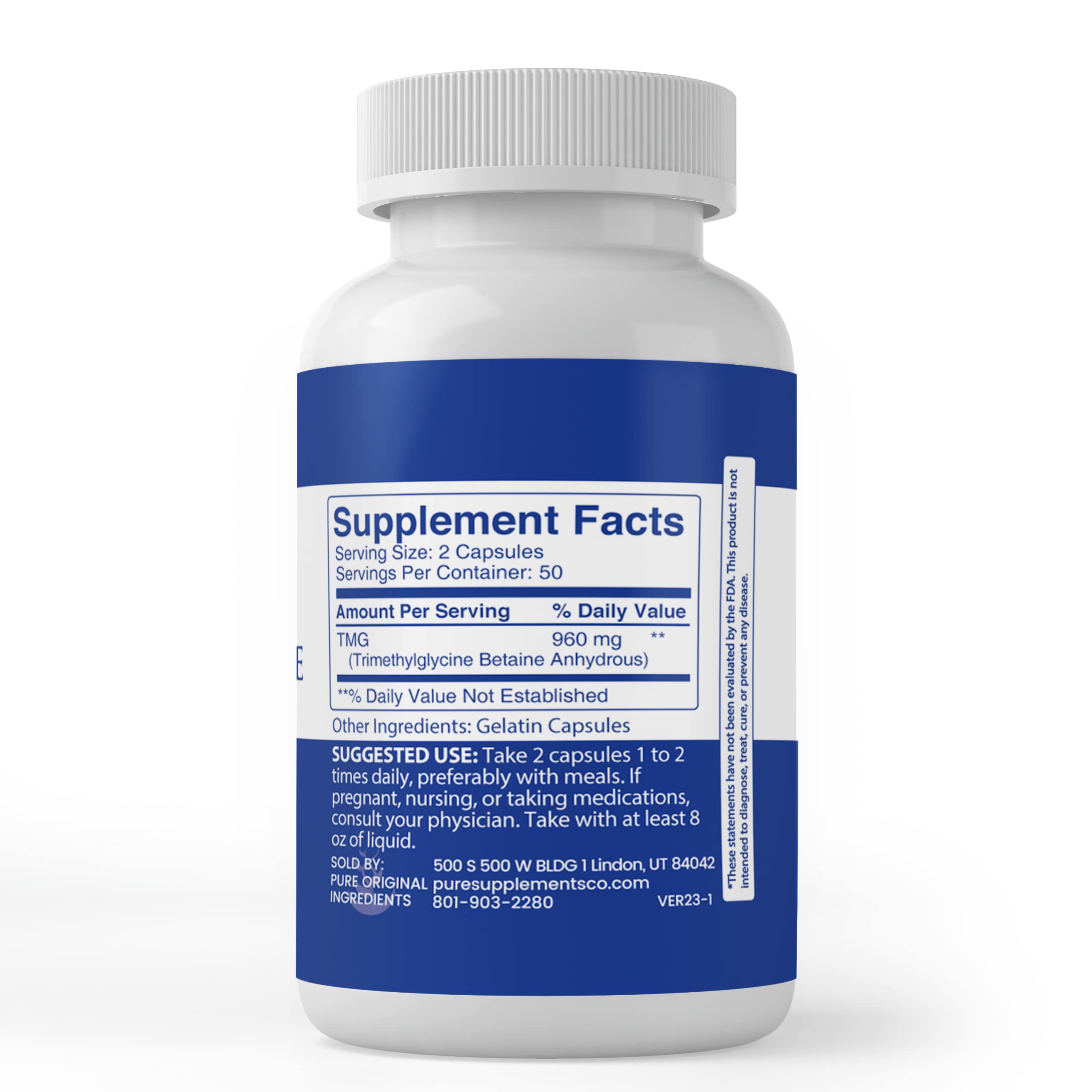 Side view of PURE ORIGINAL INGREDIENTS TMG Trimethylglycine Capsules bottle