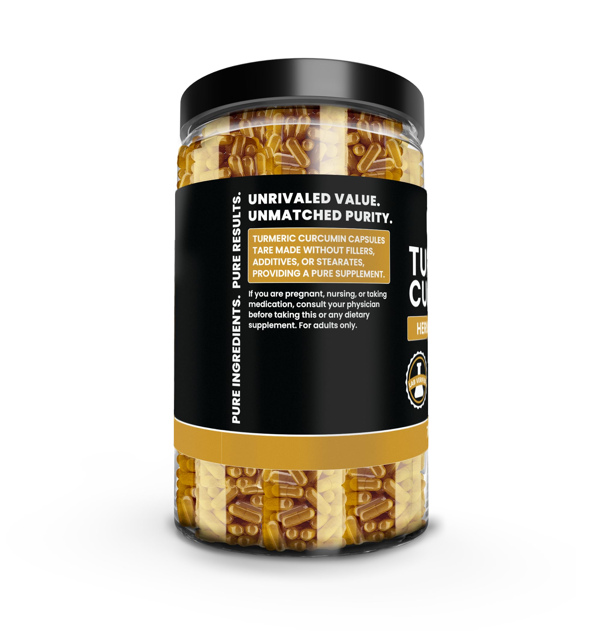 Side view of PURE ORIGINAL INGREDIENTS Turmeric Curcumin Capsules bottle