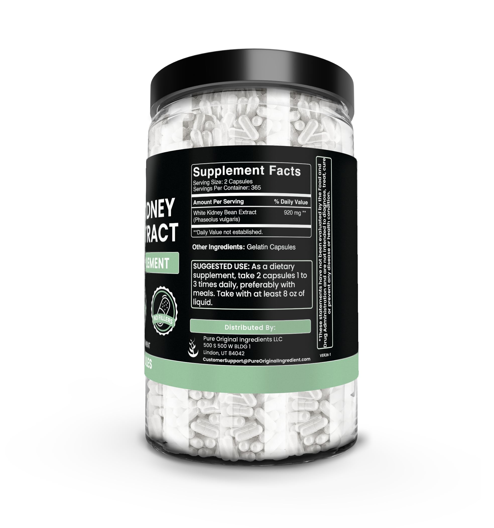 Side view of PURE ORIGINAL INGREDIENTS White Kidney Bean Capsules showing capsule details