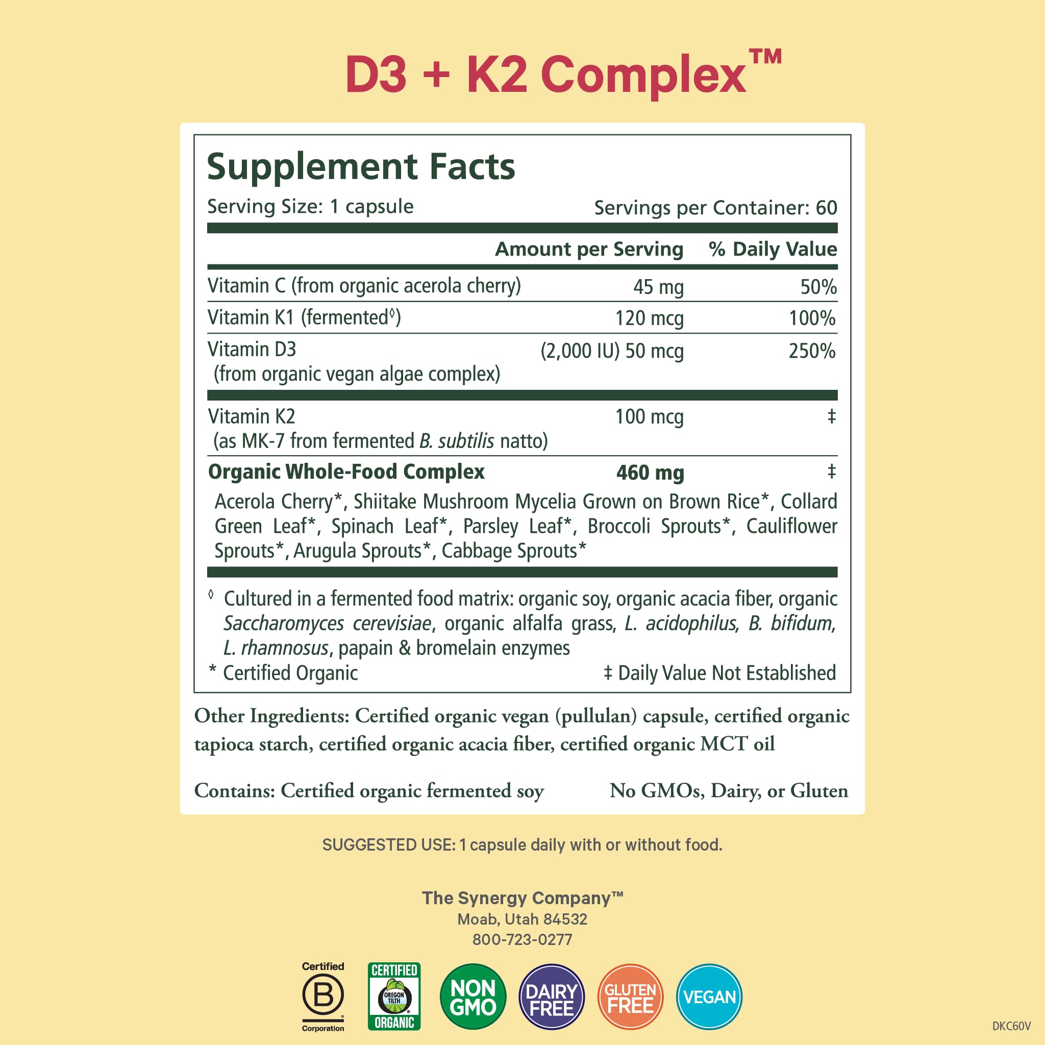 Side view of PURE SYNERGY Vitamin D3 + K2 Capsules bottle