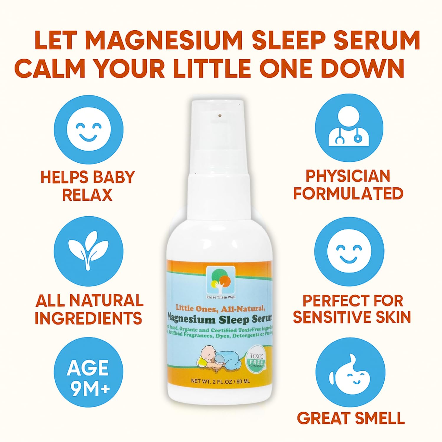 Side view of Raise Them Well Infant Magnesium Sleep Serum bottle