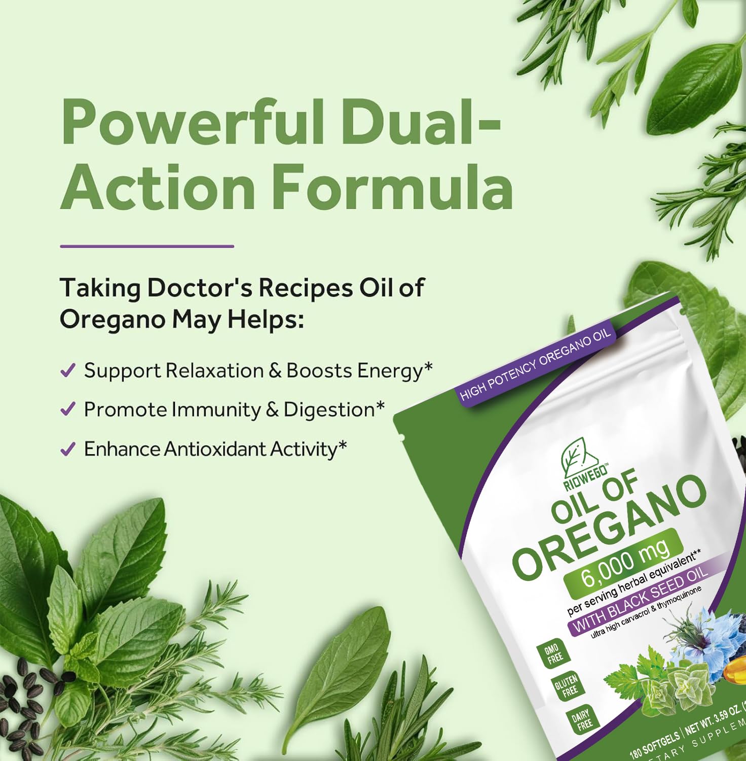 Side view of RIOWEGO Oil of Oregano Softgels showing ingredient list
