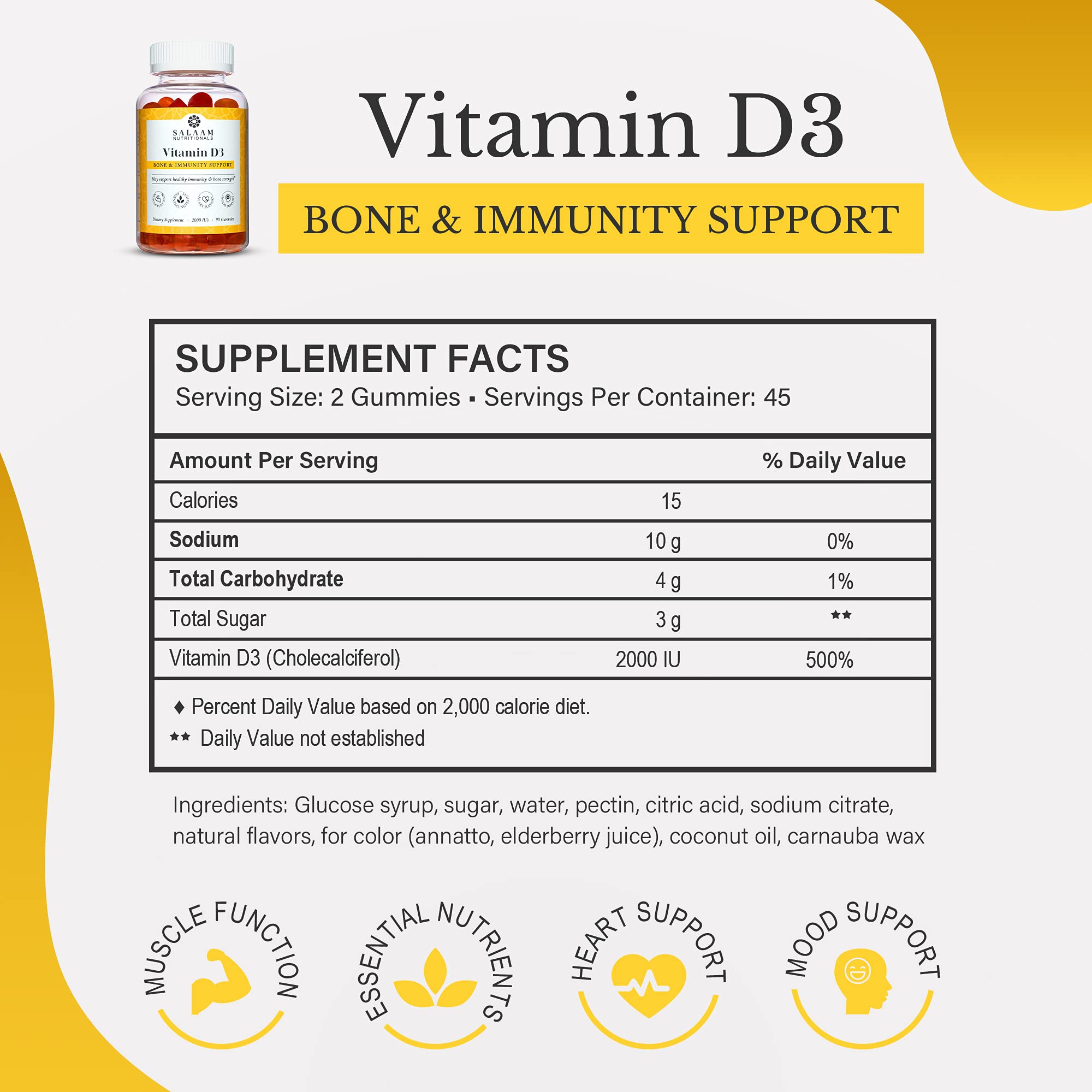 Side view of Salaam Nutritionals Vitamin D3 gummies bottle