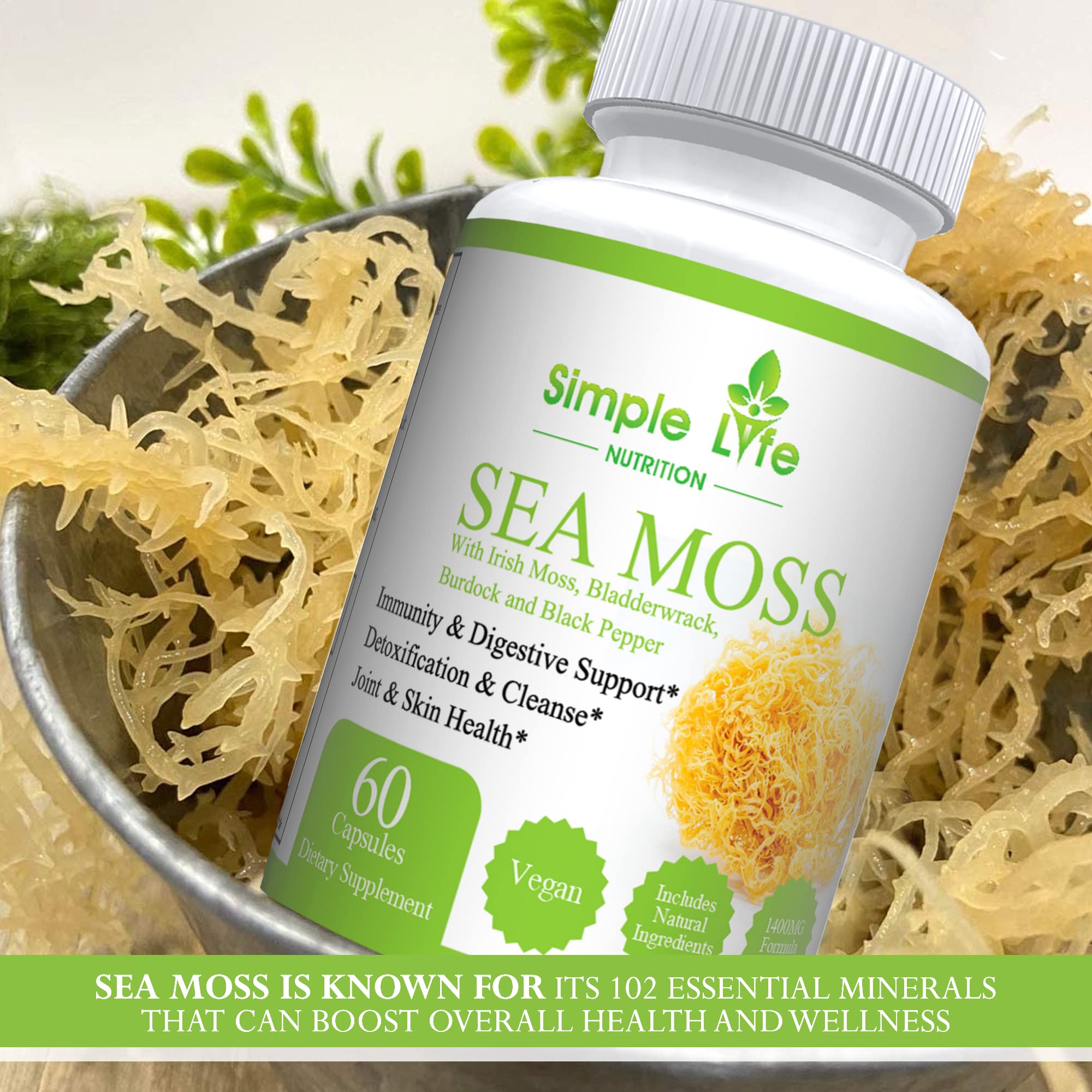Side view of Simple Life Nutrition Irish Sea Moss Capsules showing label