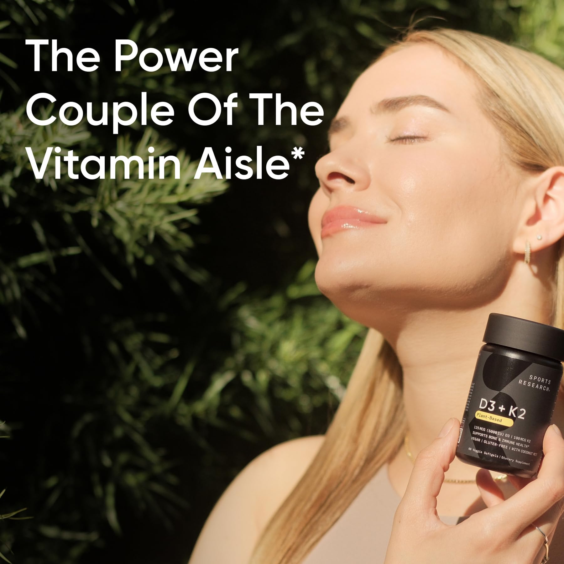 Side view of Sports Research D3 + K2 Softgels bottle