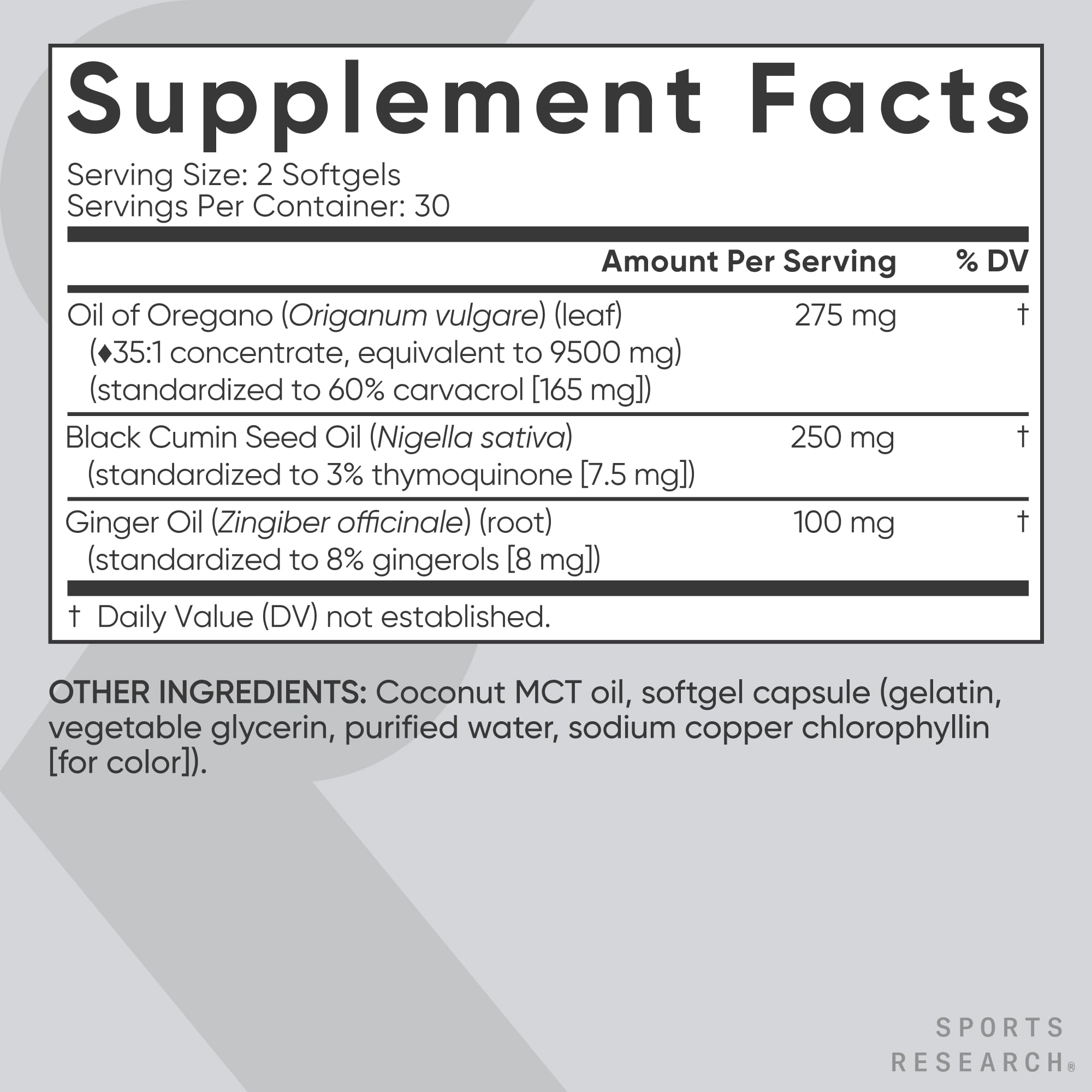 Side view of Sports Research Oregano Oil & Black Cumin Seed Oil Softgels bottle