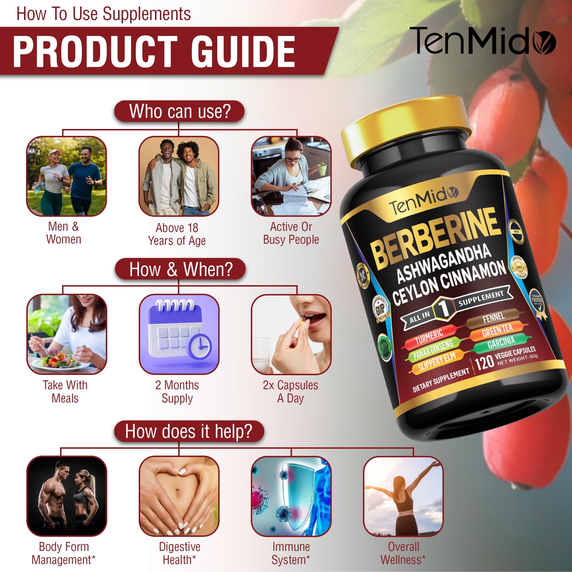 Side view of Tenmido Berberine Supplement bottle showing ingredients