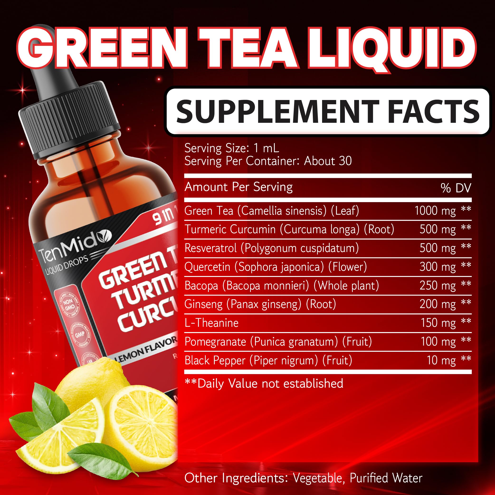 Side view of Tenmido Green Tea Extract Liquid Drops packaging