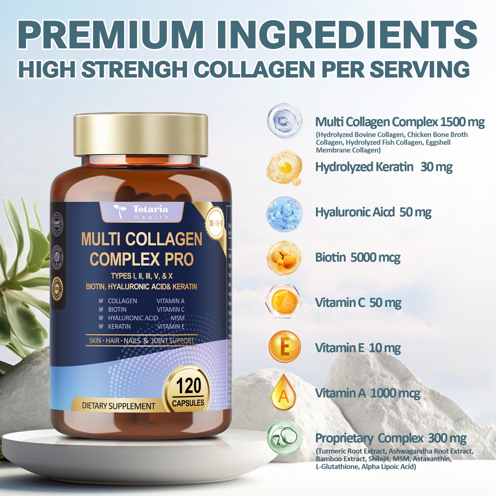 Side view of Totaria Multi Collagen Complex bottle