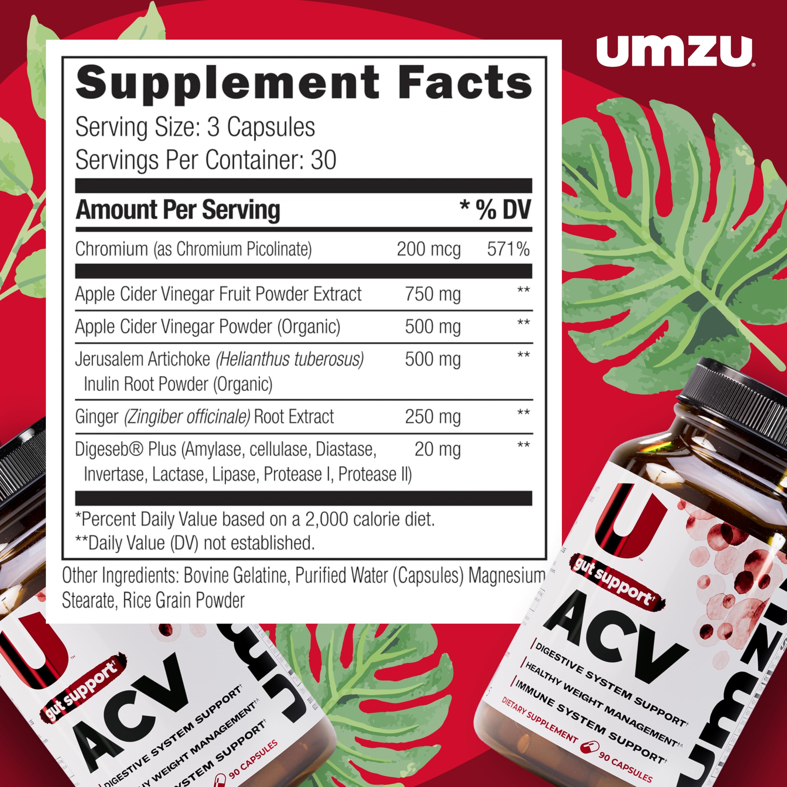 Side view of UMZU Prebiotic Apple Cider Vinegar Capsules bottle