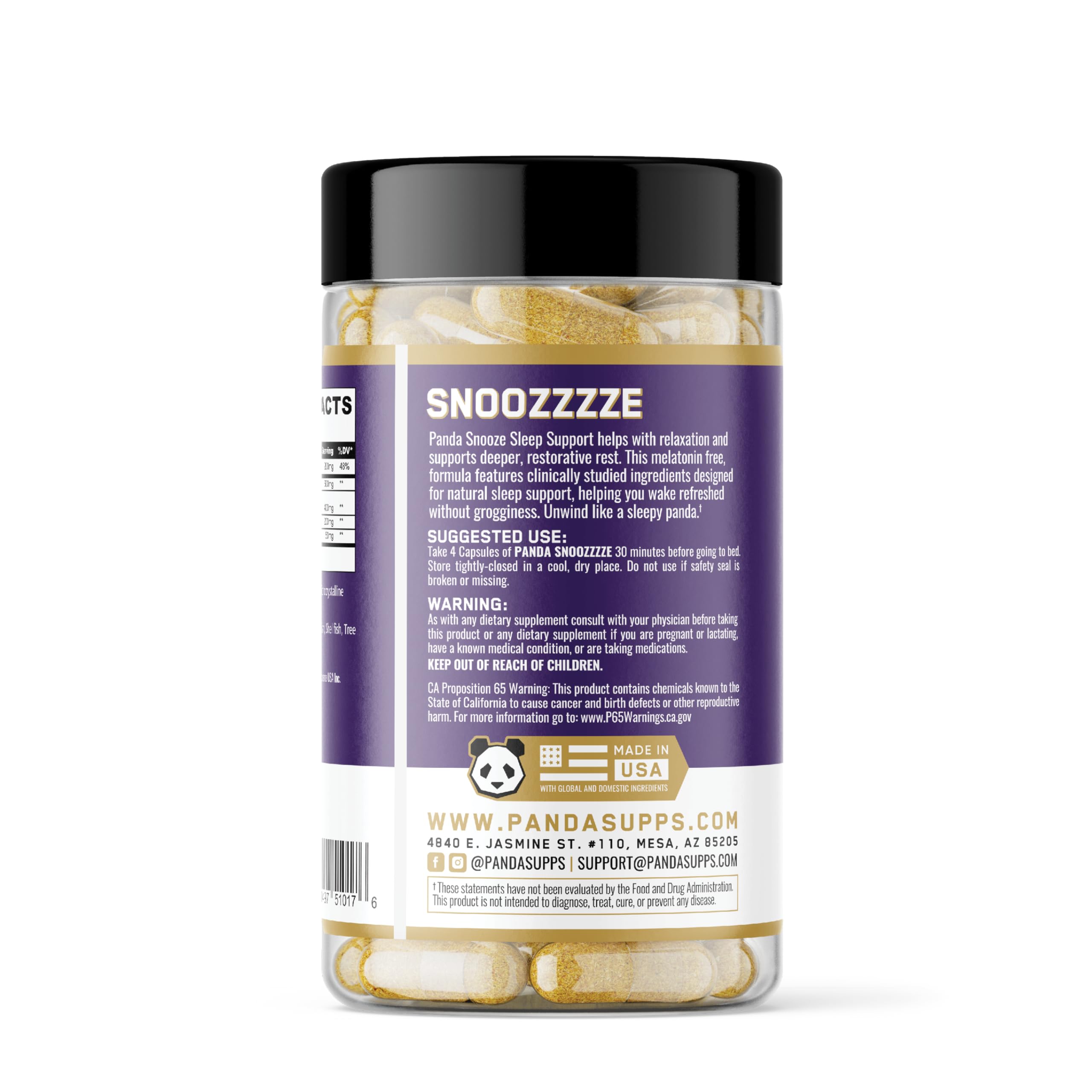 Side view of Underground Bio Labs Panda Supps Snoozzzze capsule bottle