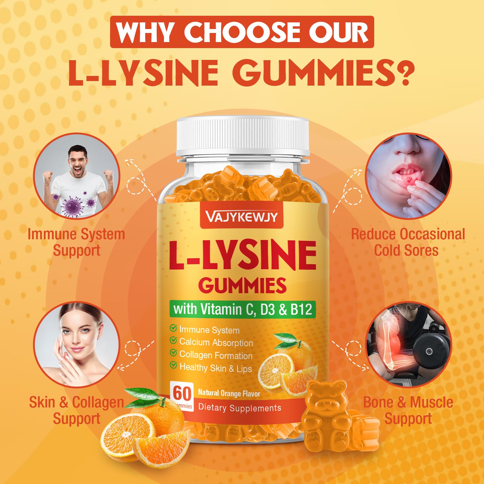Side view of VAJYKEWJY L-Lysine Gummies bottle with nutritional information
