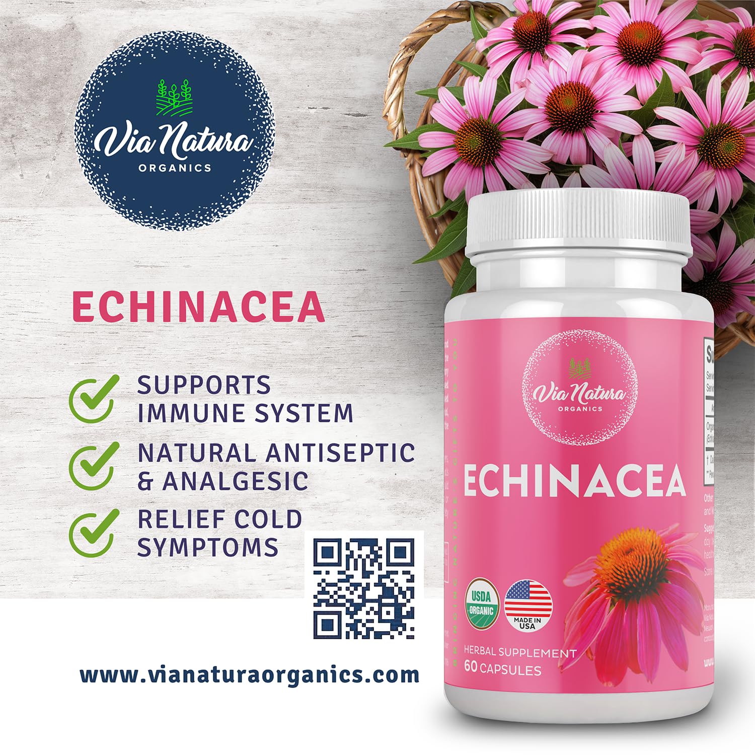 Side view of Via Natura Organics Organic Echinacea Capsules