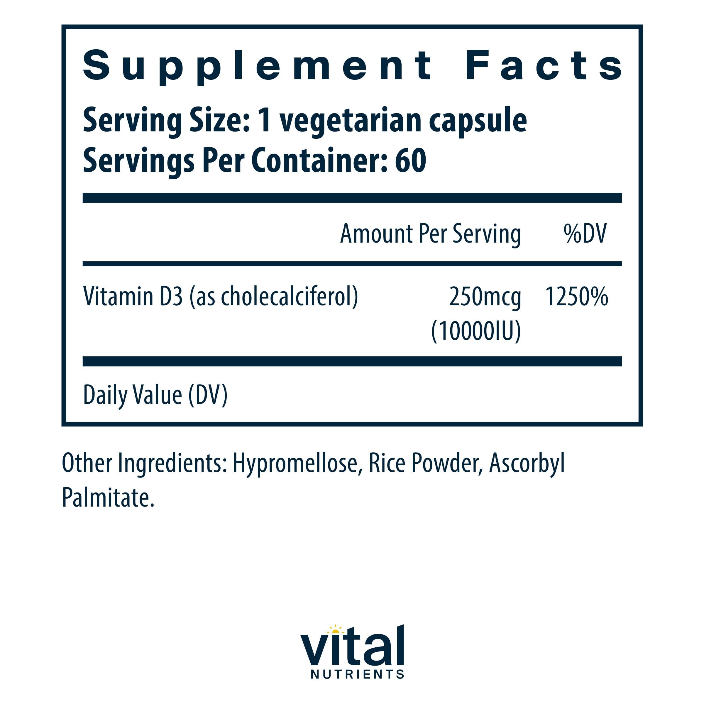 Side view of Vital Nutrients Vitamin D3 10000 IU bottle