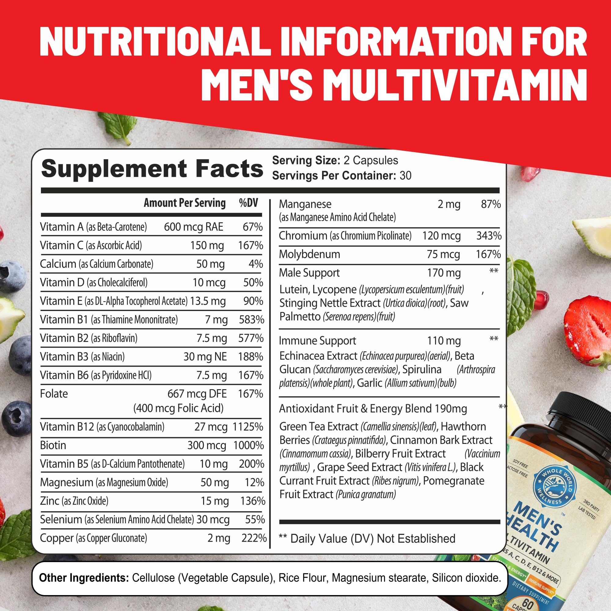 Side view of WHOLE WORLD WELLNESS Men's Multivitamin bottle