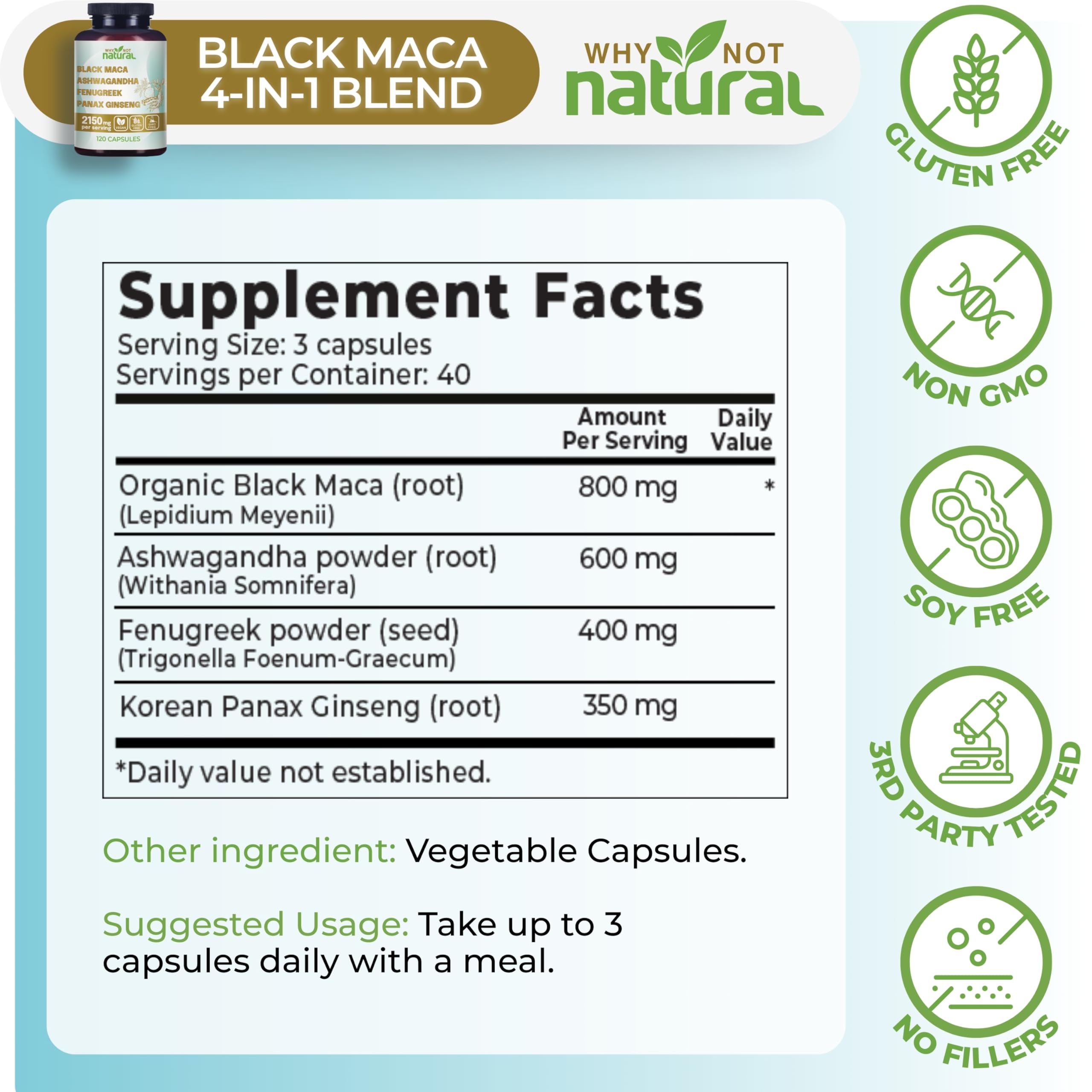 Side view of Why Not Natural Organic Black Maca Root Ashwagandha Capsules